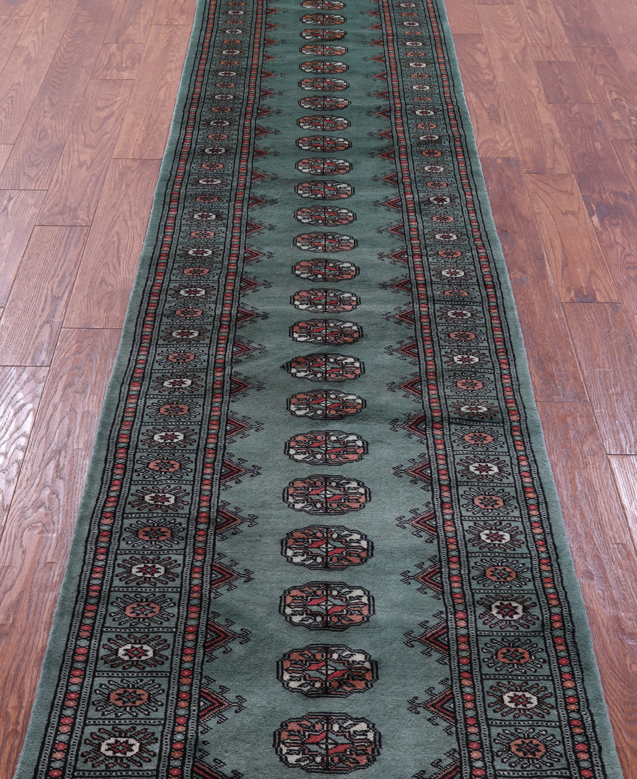 Green Bokhara Handmade Wool Runner Rug - 2' 7" X 14' 7"