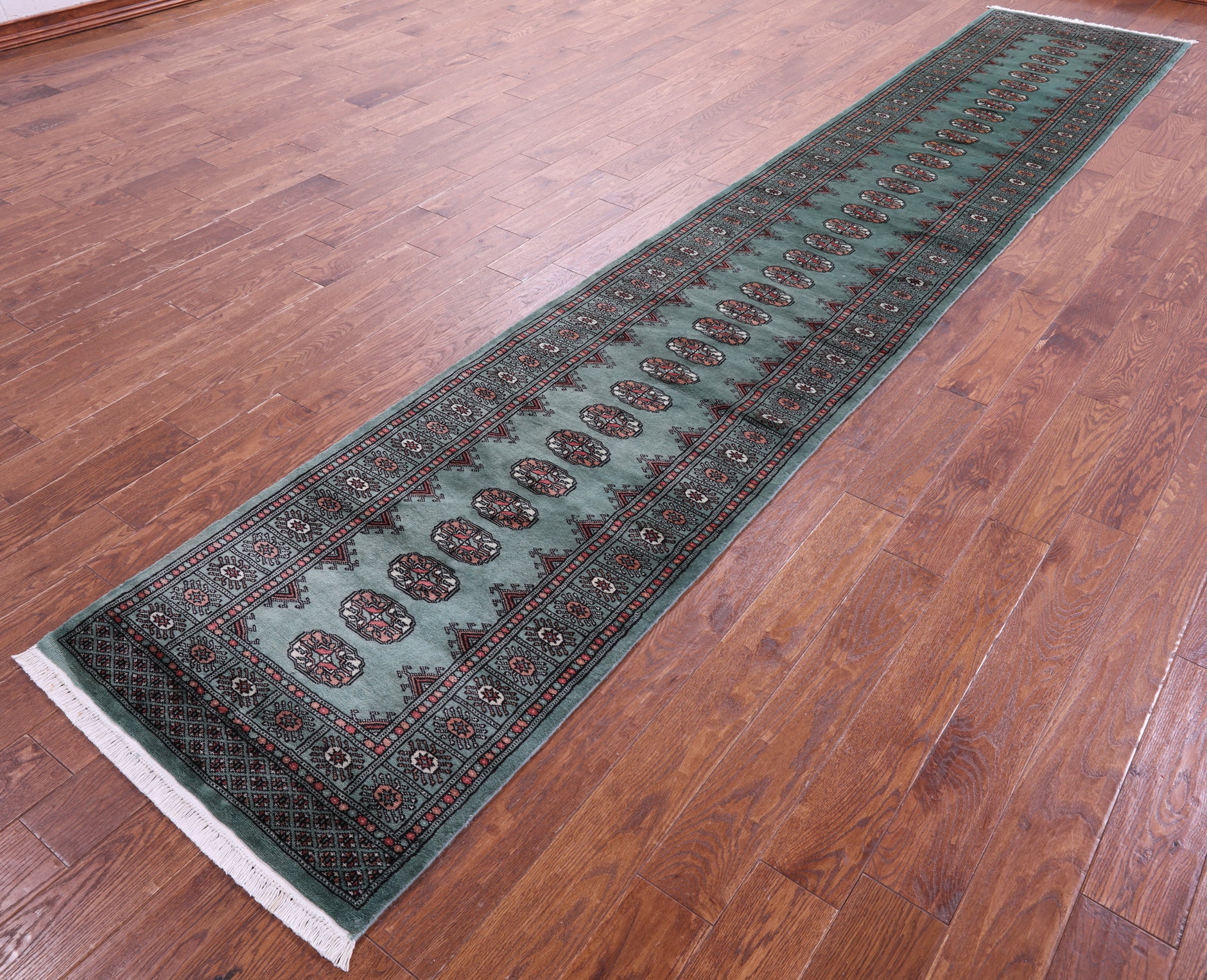 Green Bokhara Handmade Wool Runner Rug - 2' 7" X 14' 7"