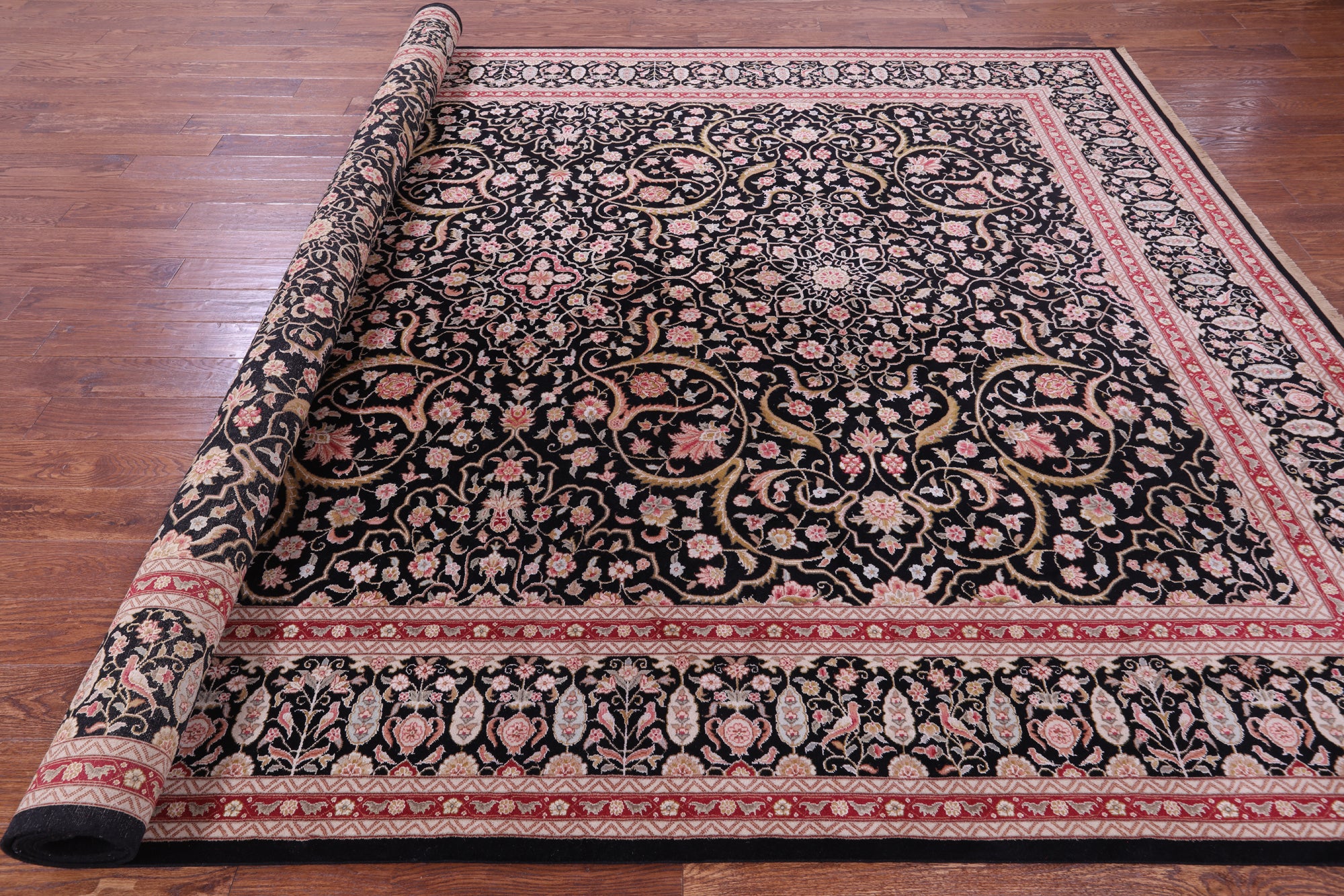 Black Persian Tabriz Handmade Wool & Silk Rug - 9' 0" X 12' 0"