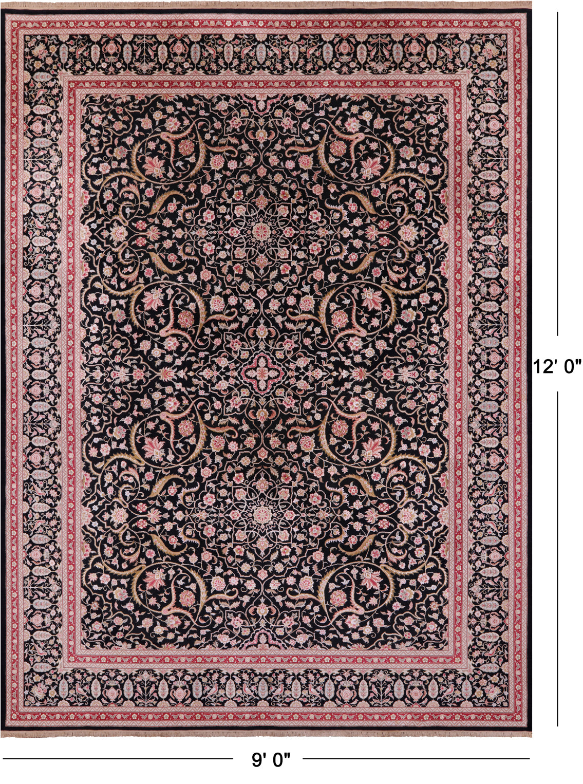 Black Persian Tabriz Handmade Wool & Silk Rug - 9' 0" X 12' 0"