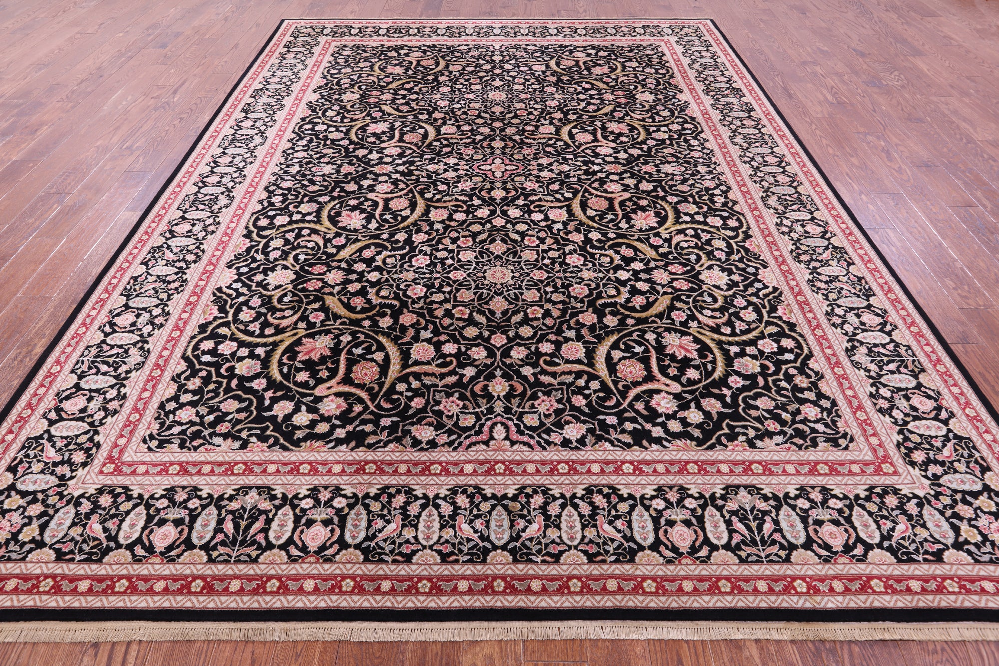 Black Persian Tabriz Handmade Wool & Silk Rug - 9' 0" X 12' 0"