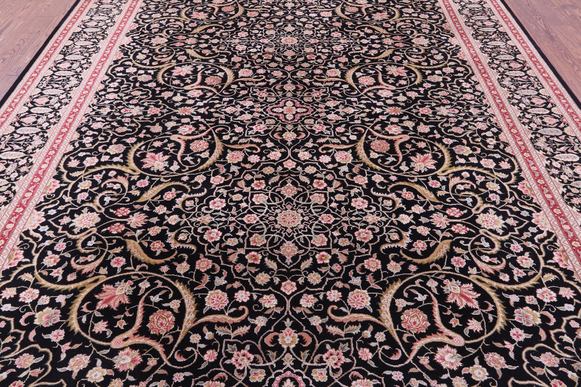 Black Persian Tabriz Handmade Wool & Silk Rug - 9' 0" X 12' 0"