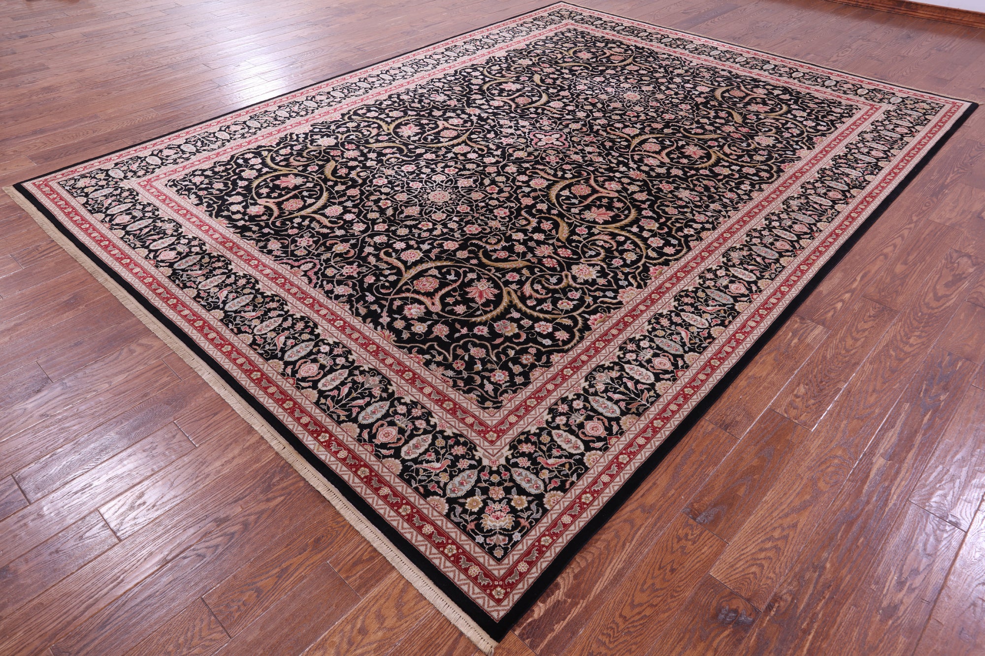 Black Persian Tabriz Handmade Wool & Silk Rug - 9' 0" X 12' 0"