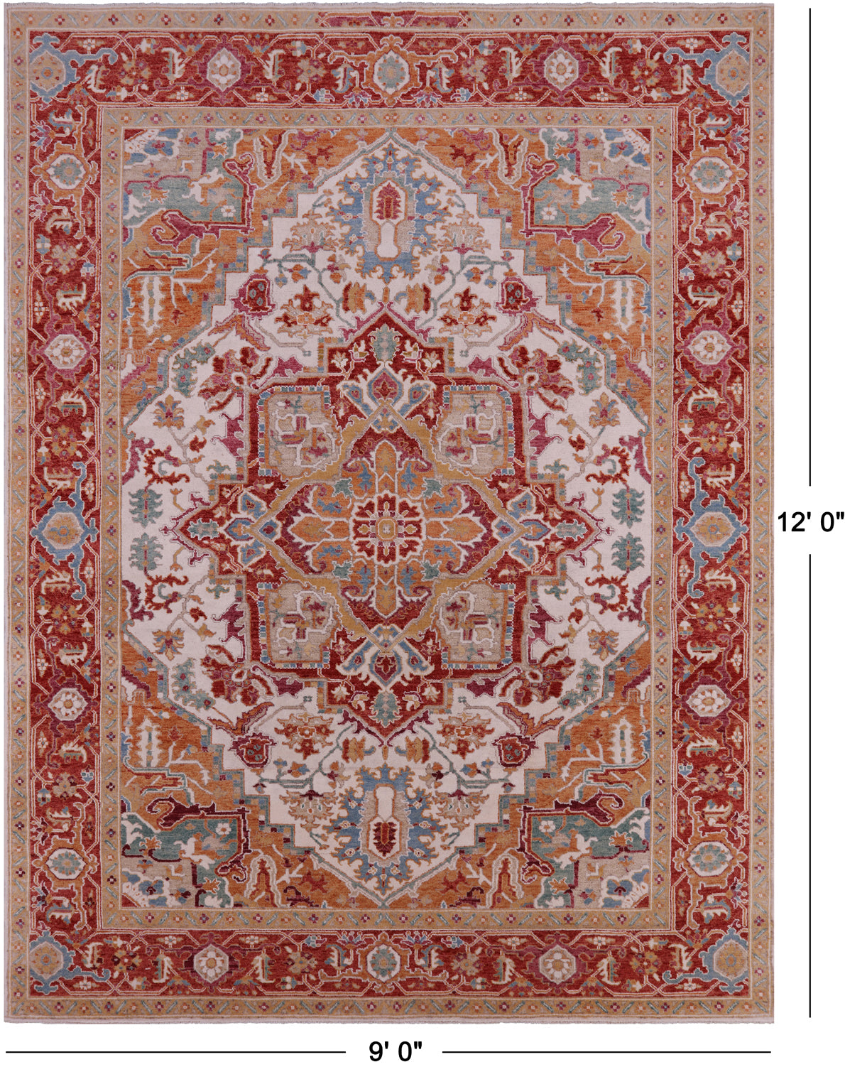 Ivory Persian Heriz Serapi Handmade Wool Rug - 9' 0" X 12' 0"