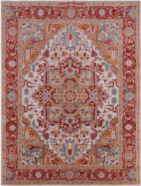 Ivory Persian Heriz Serapi Handmade Wool Rug - 9' 0" X 12' 0"
