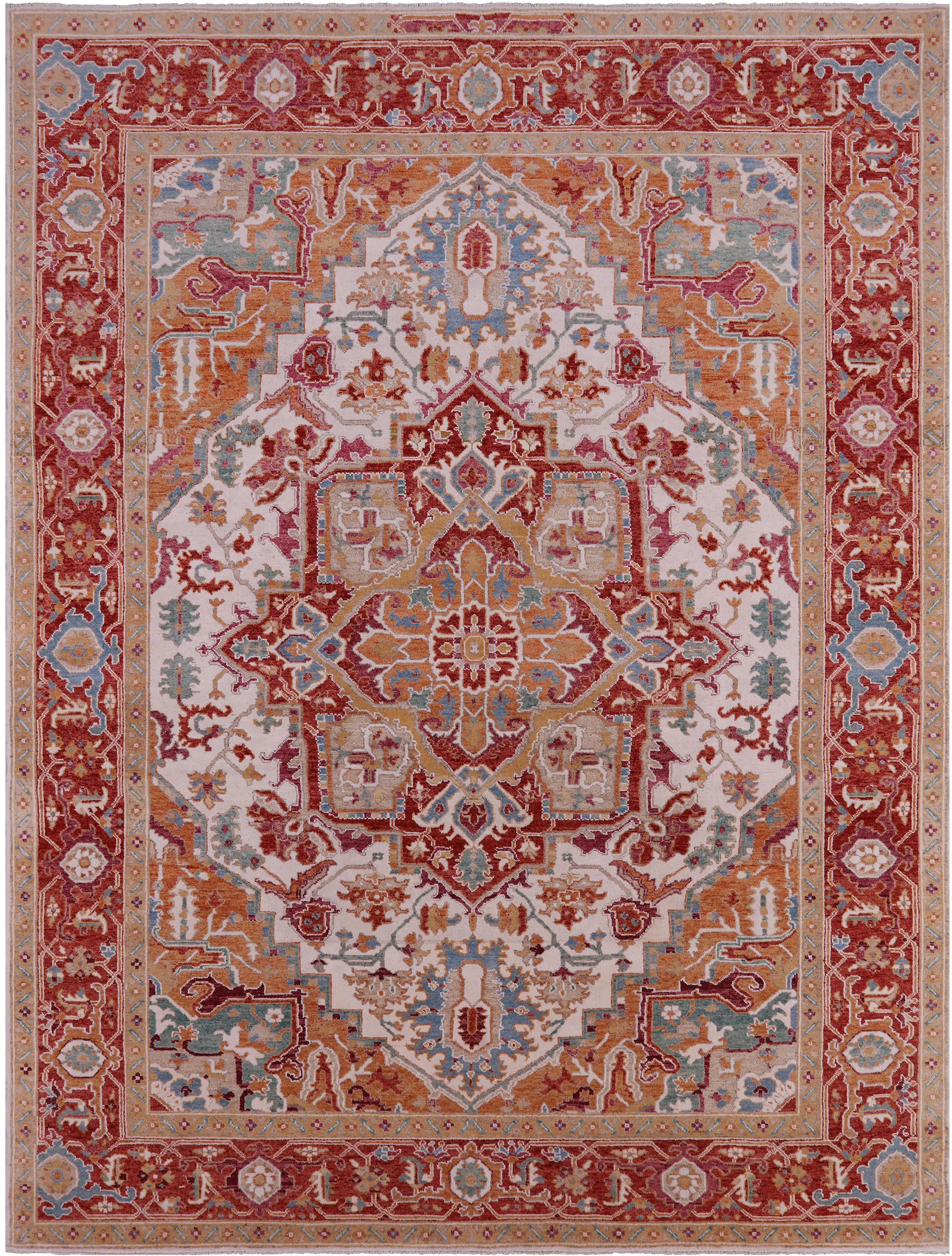 Ivory Persian Heriz Serapi Handmade Wool Rug - 9' 0" X 12' 0"