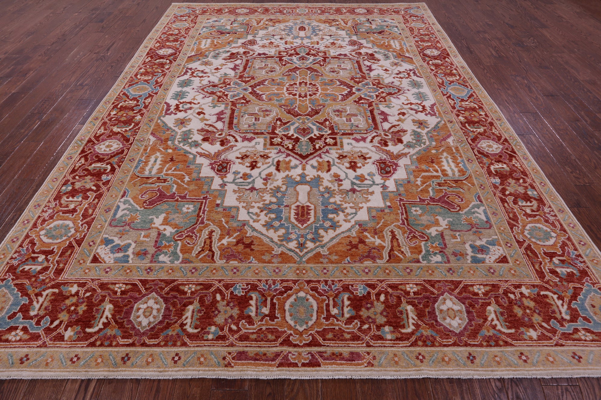 Ivory Persian Heriz Serapi Handmade Wool Rug - 9' 0" X 12' 0"
