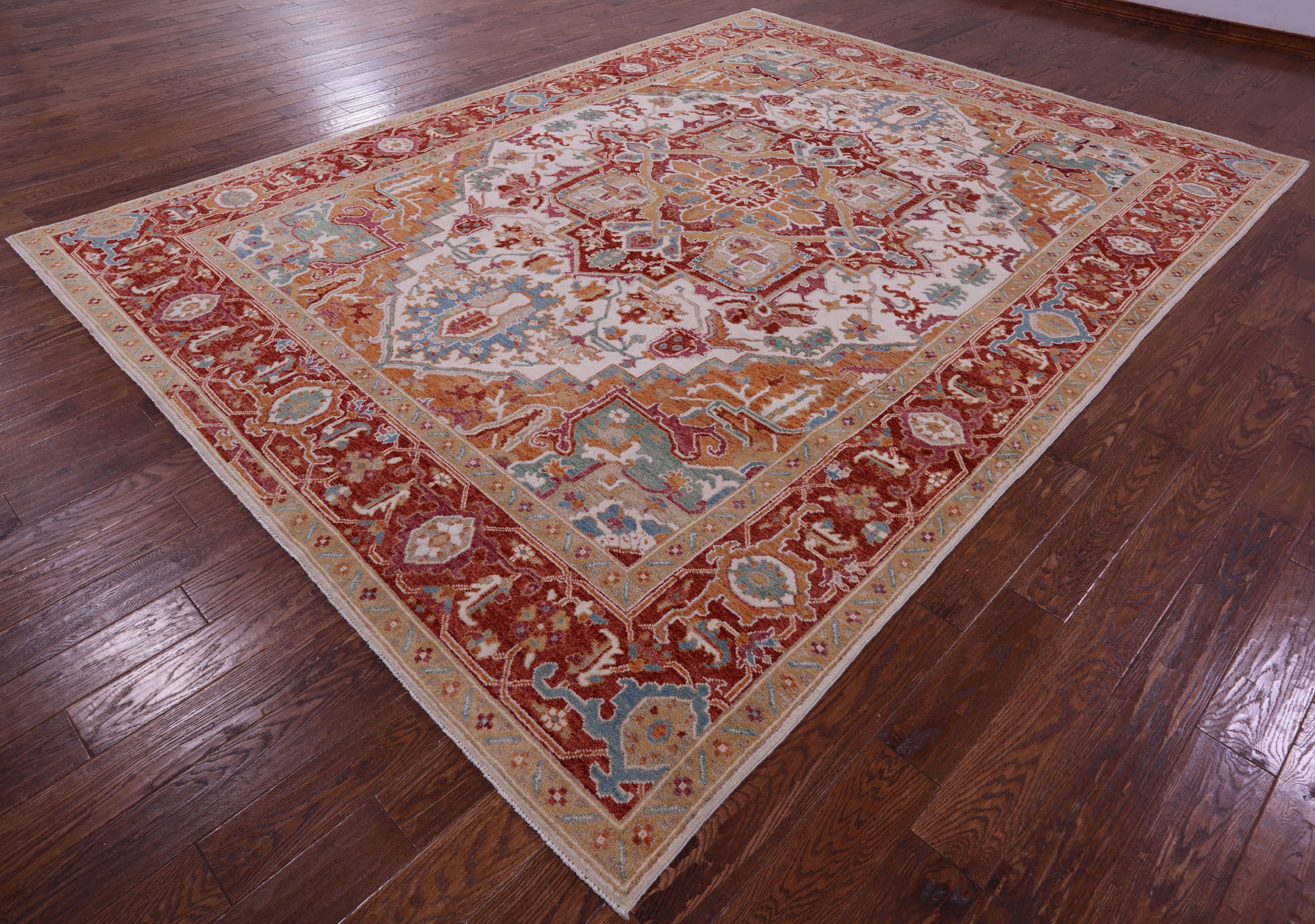 Ivory Persian Heriz Serapi Handmade Wool Rug - 9' 0" X 12' 0"