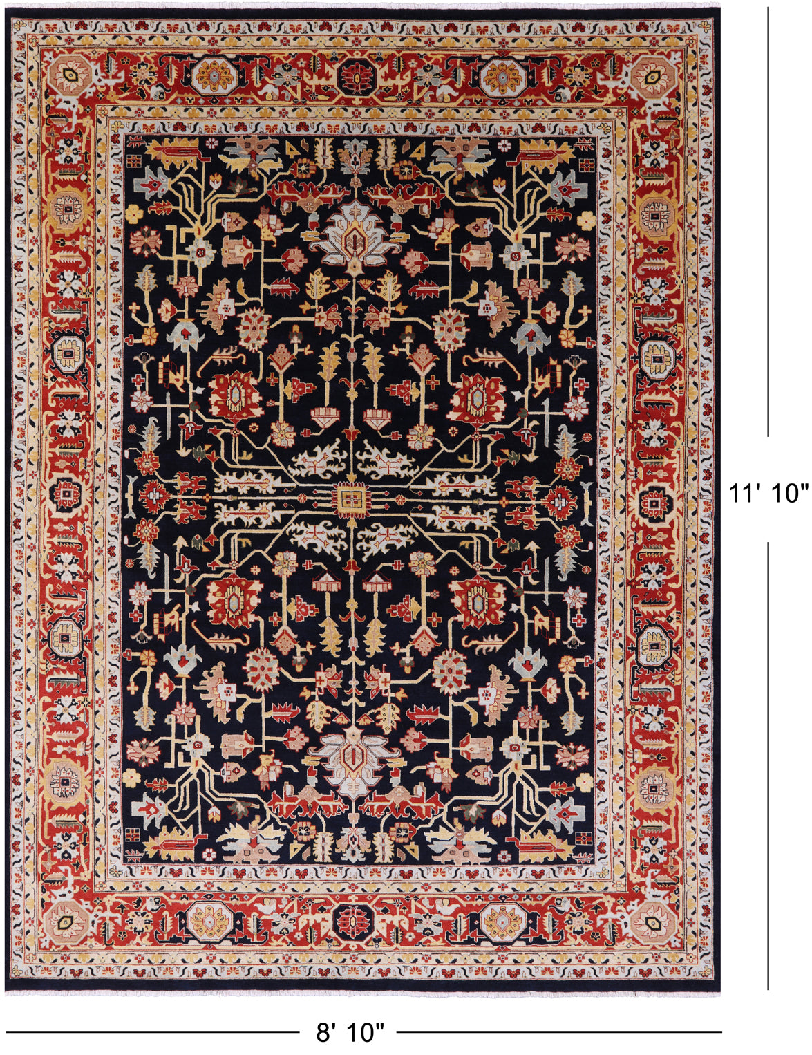 Black Persian Heriz Serapi Handmade Wool Rug - 8' 10" X 11' 10"