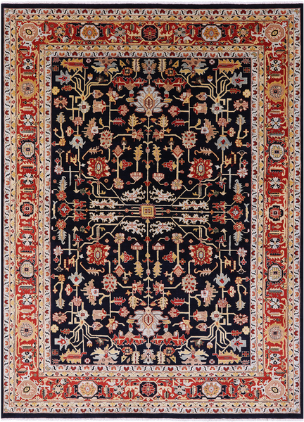Black Persian Heriz Serapi Handmade Wool Rug - 8' 10" X 11' 10"