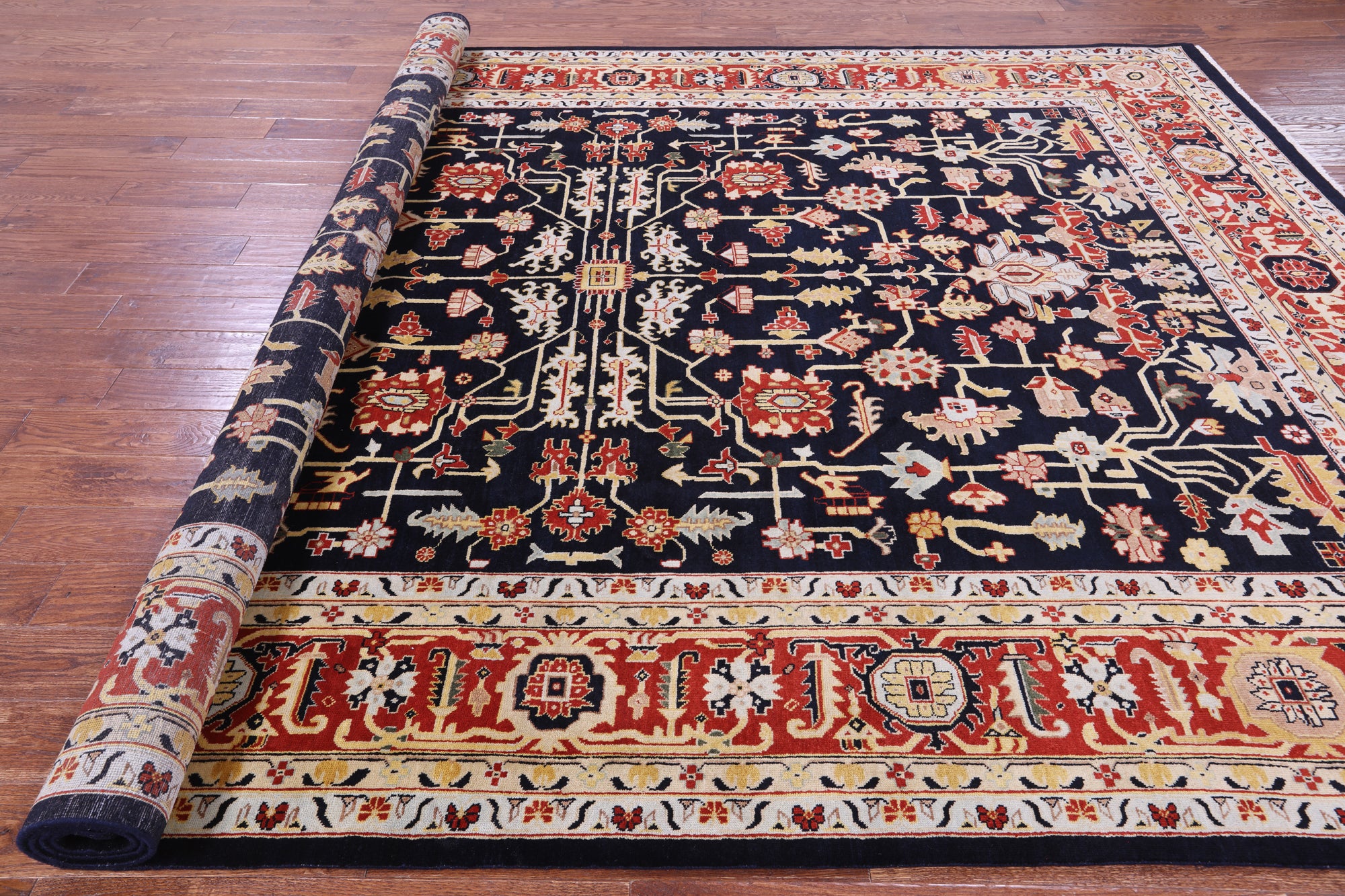 Black Persian Heriz Serapi Handmade Wool Rug - 8' 10" X 11' 10"