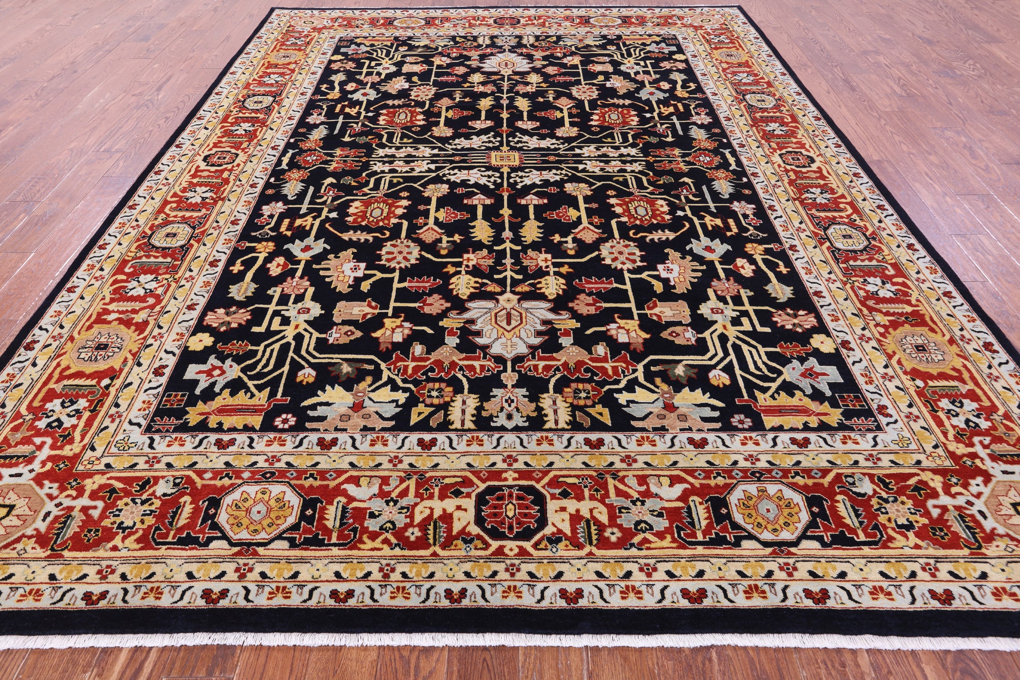 Black Persian Heriz Serapi Handmade Wool Rug - 8' 10" X 11' 10"