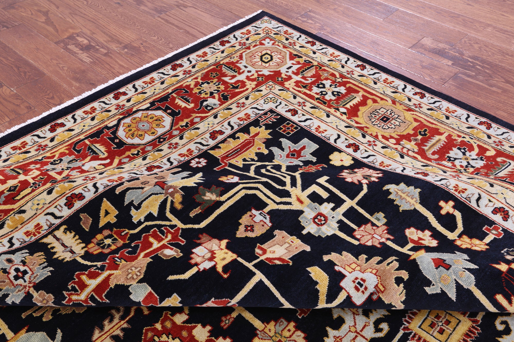 Black Persian Heriz Serapi Handmade Wool Rug - 8' 10" X 11' 10"