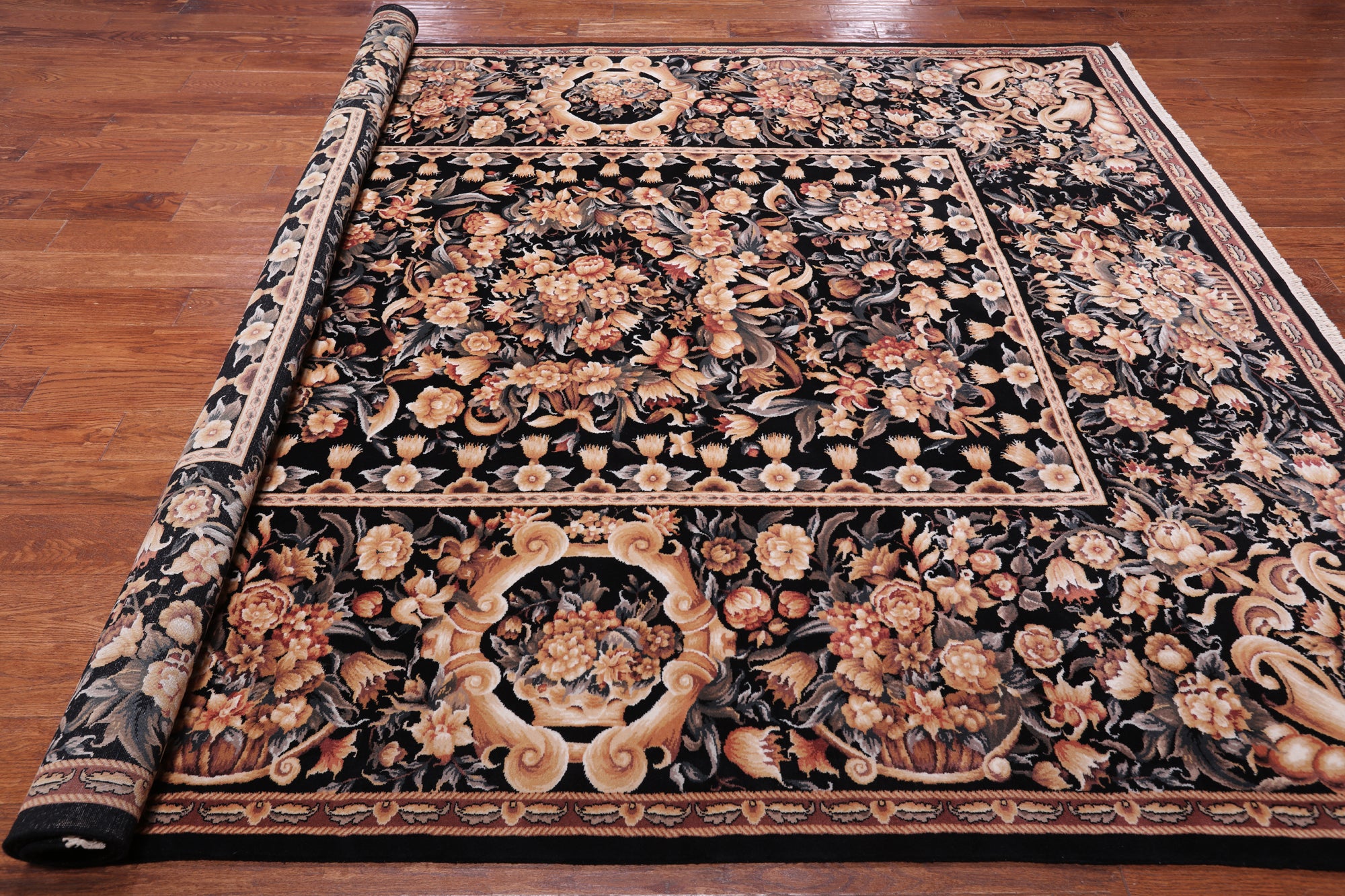 Black French Aubusson Handmade Wool Rug - 8' 0" X 10' 0"
