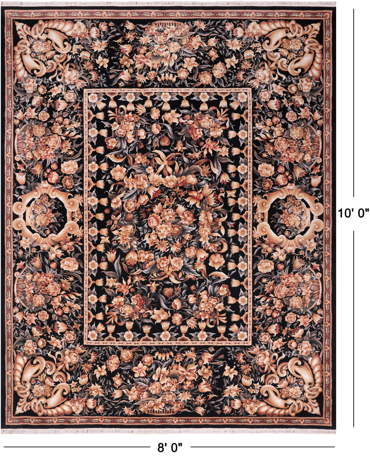Black French Aubusson Handmade Wool Rug - 8' 0" X 10' 0"