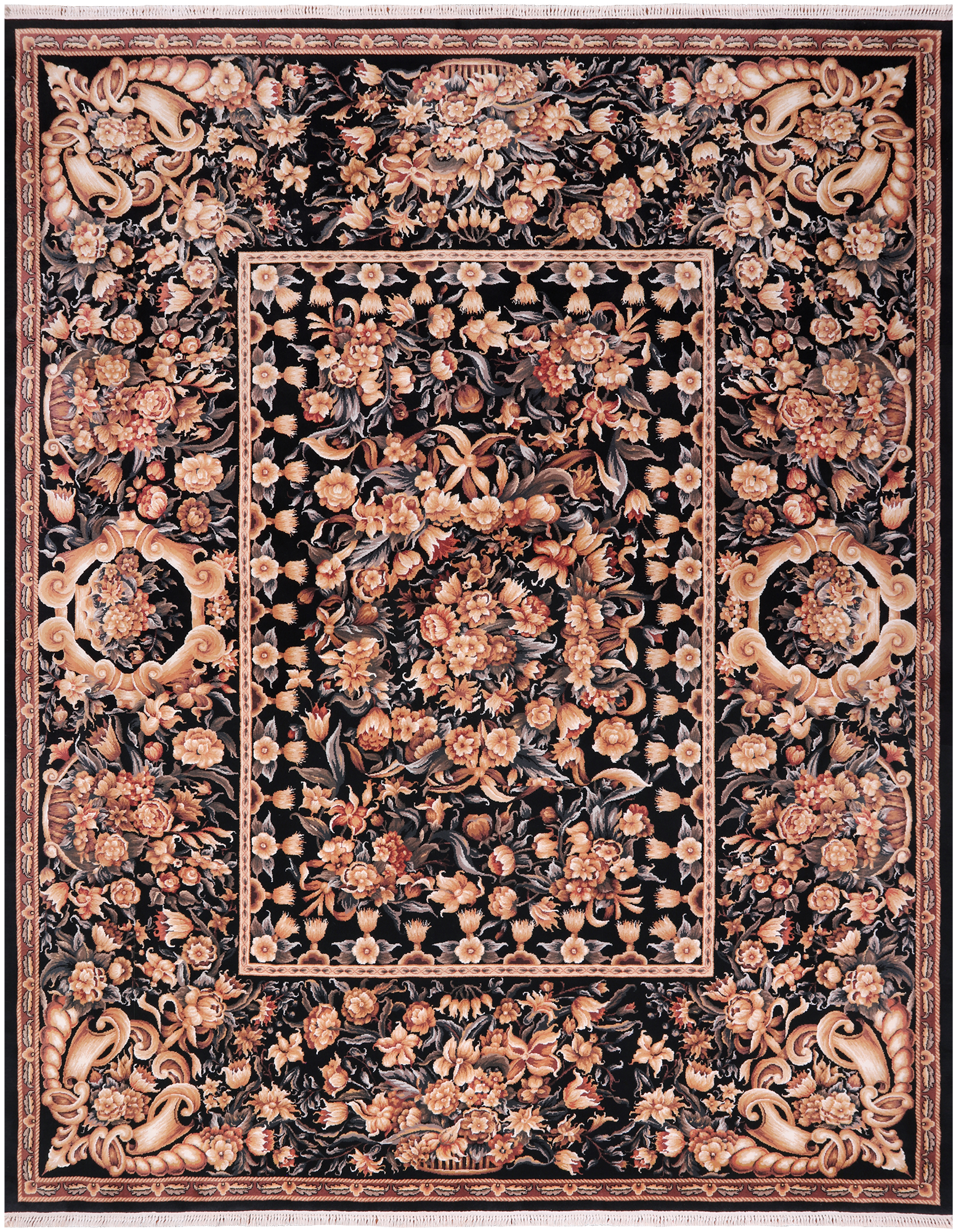 Black French Aubusson Handmade Wool Rug - 8' 0" X 10' 0"
