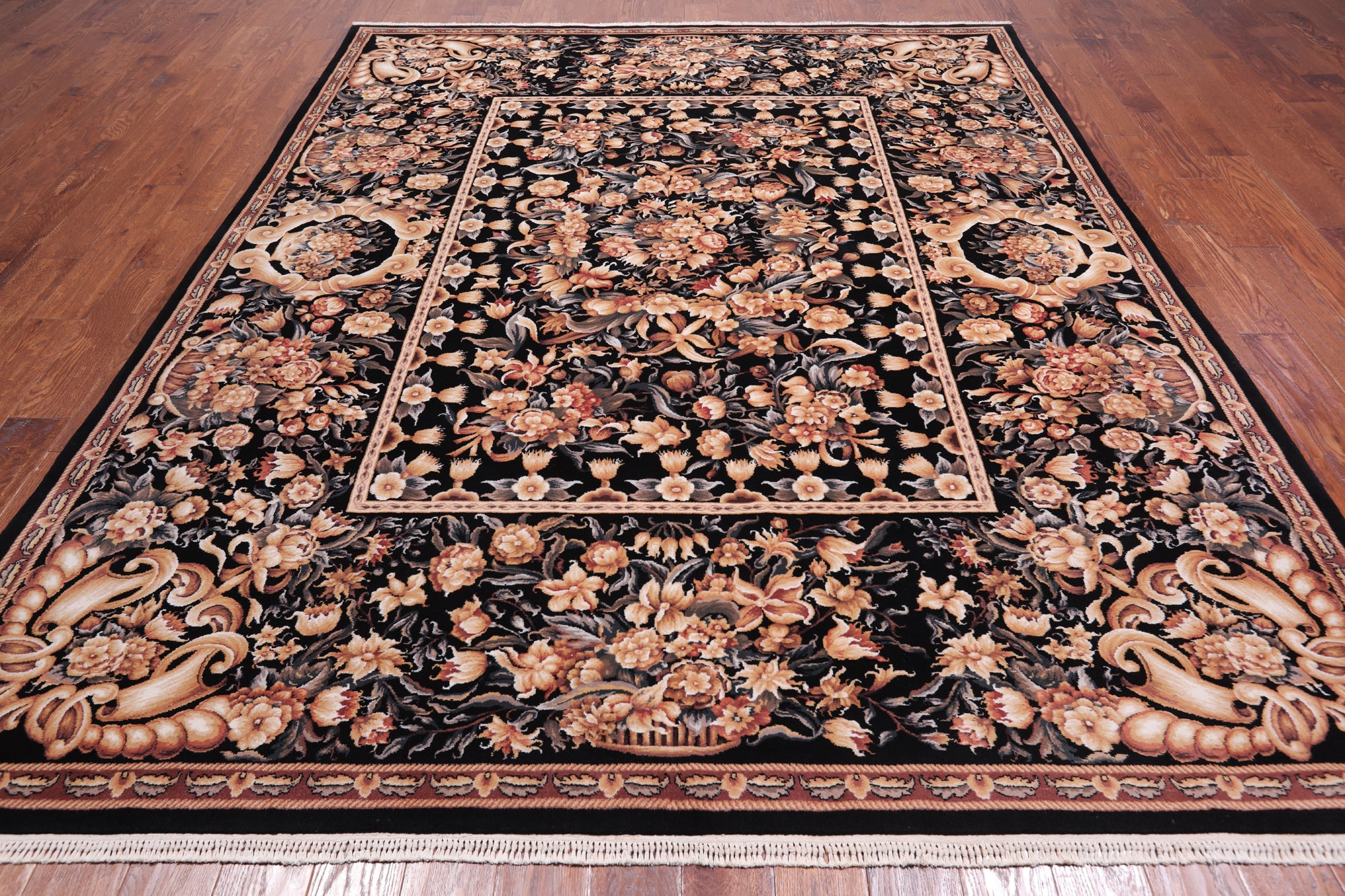 Black French Aubusson Handmade Wool Rug - 8' 0" X 10' 0"