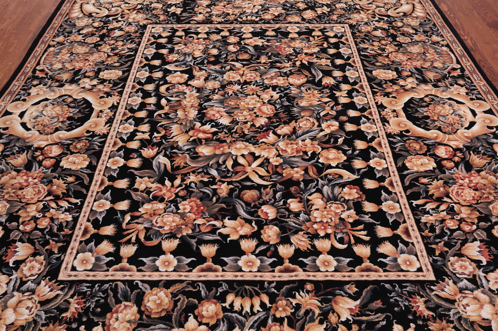 Black French Aubusson Handmade Wool Rug - 8' 0" X 10' 0"