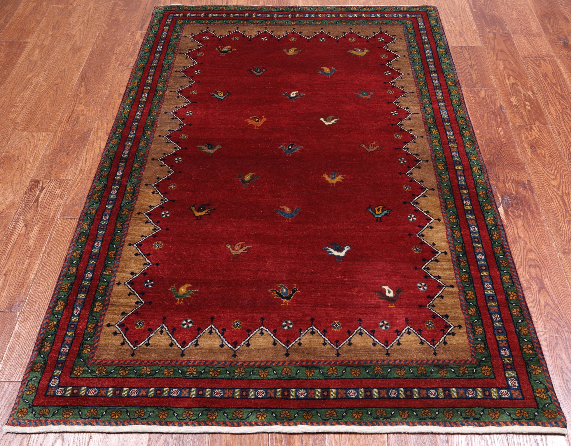 Red Tribal Persian Gabbeh Hand Knotted Wool Rug - 4' 0" X 5' 11"