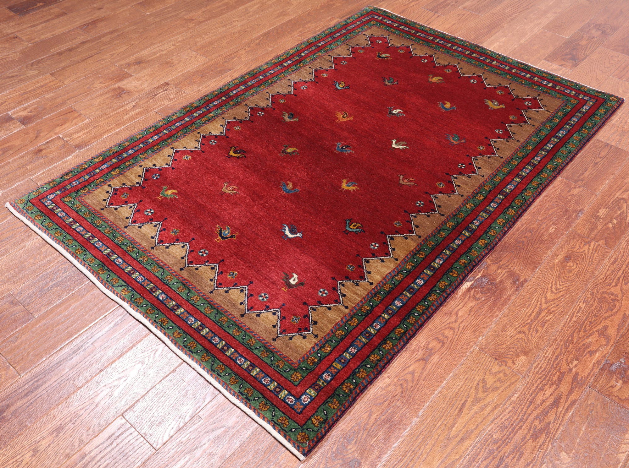 Red Tribal Persian Gabbeh Hand Knotted Wool Rug - 4' 0" X 5' 11"