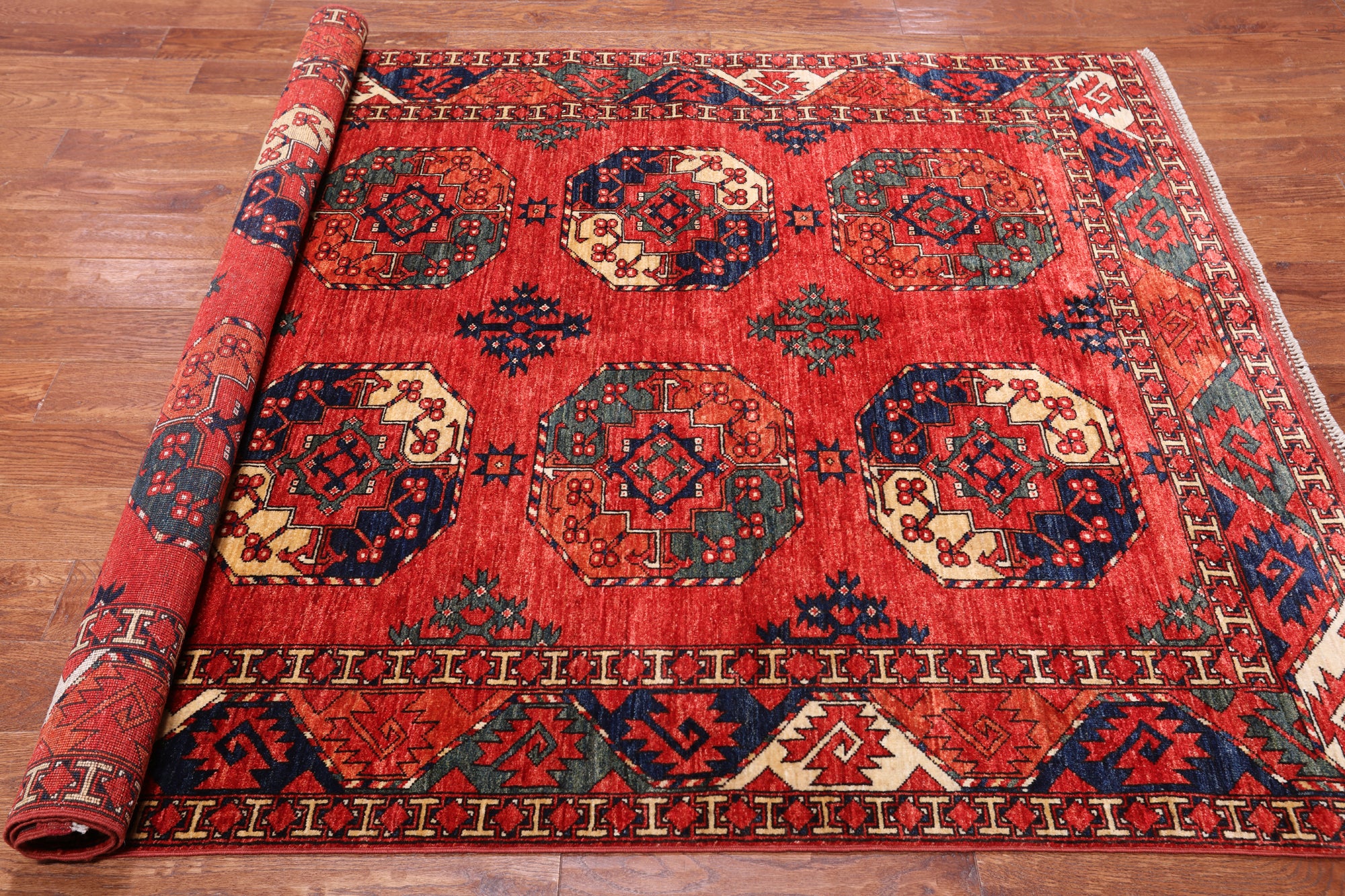 Red Turkmen Ersari Handmade Wool On Wool Rug - 5' 9" X 7' 10"