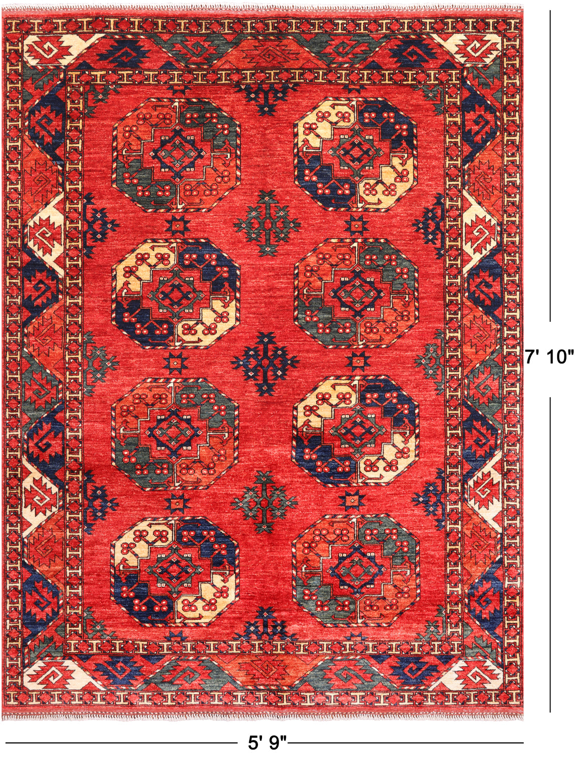 Red Turkmen Ersari Handmade Wool On Wool Rug - 5' 9" X 7' 10"