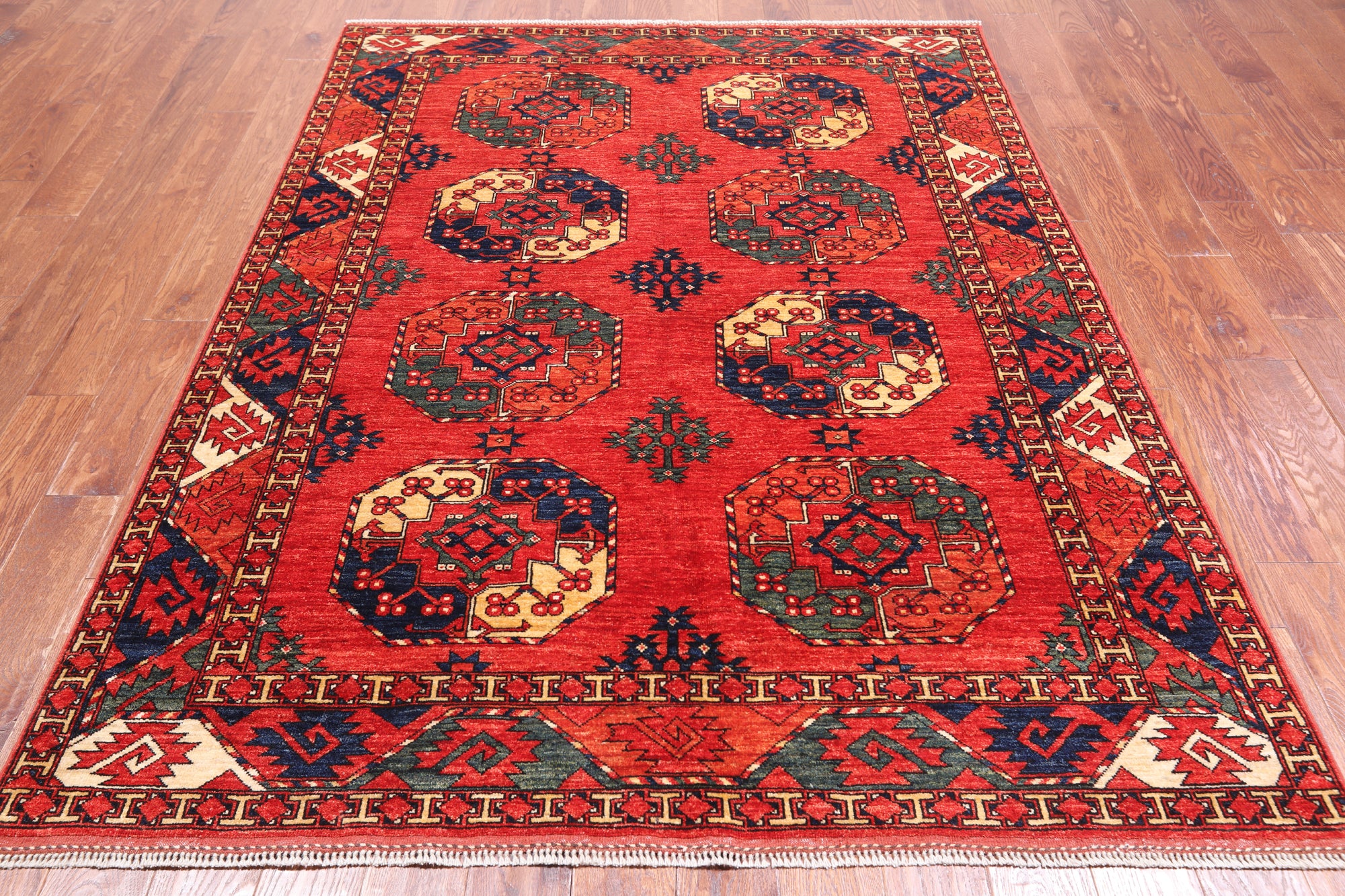 Red Turkmen Ersari Handmade Wool On Wool Rug - 5' 9" X 7' 10"