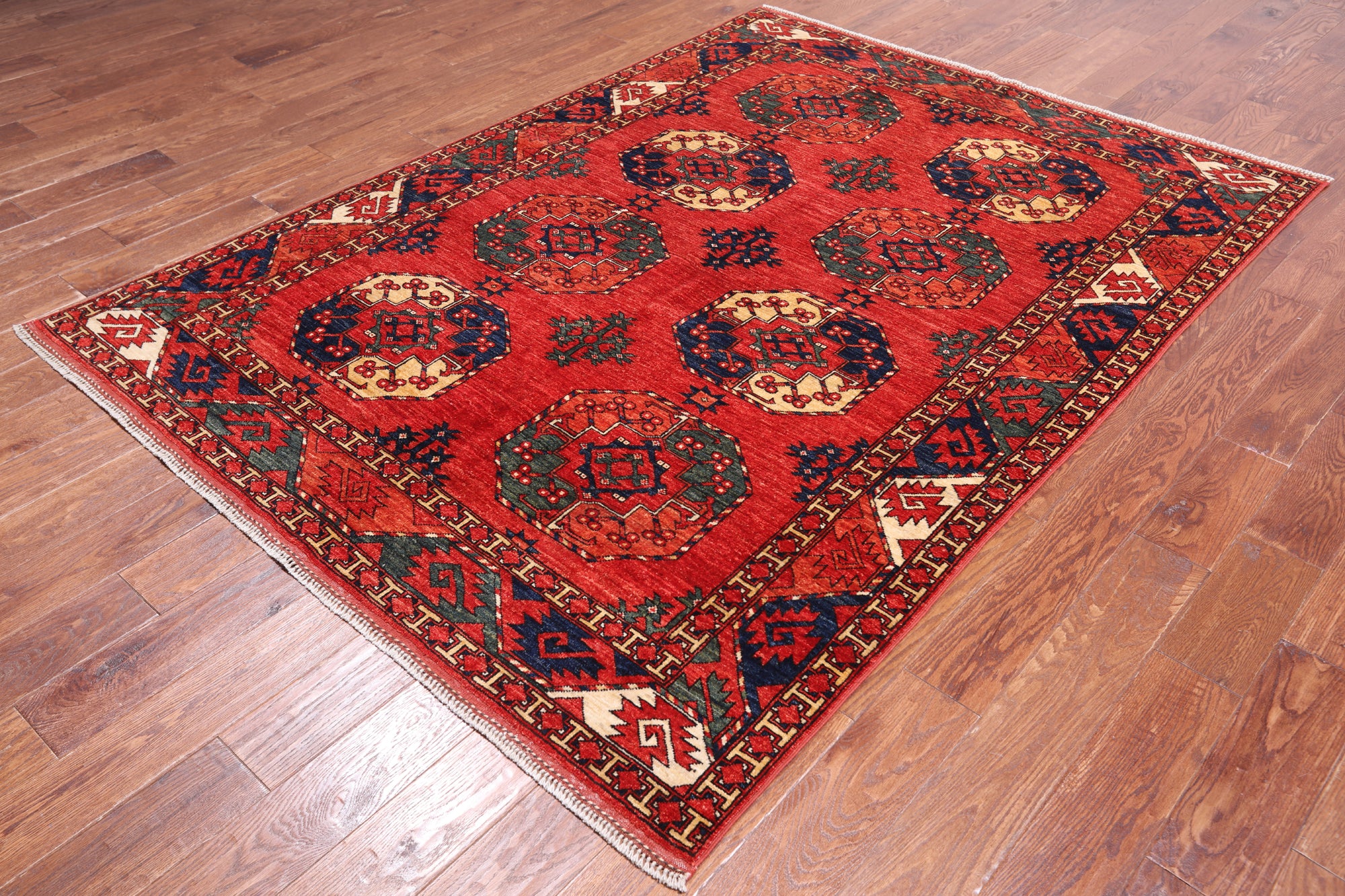 Red Turkmen Ersari Handmade Wool On Wool Rug - 5' 9" X 7' 10"
