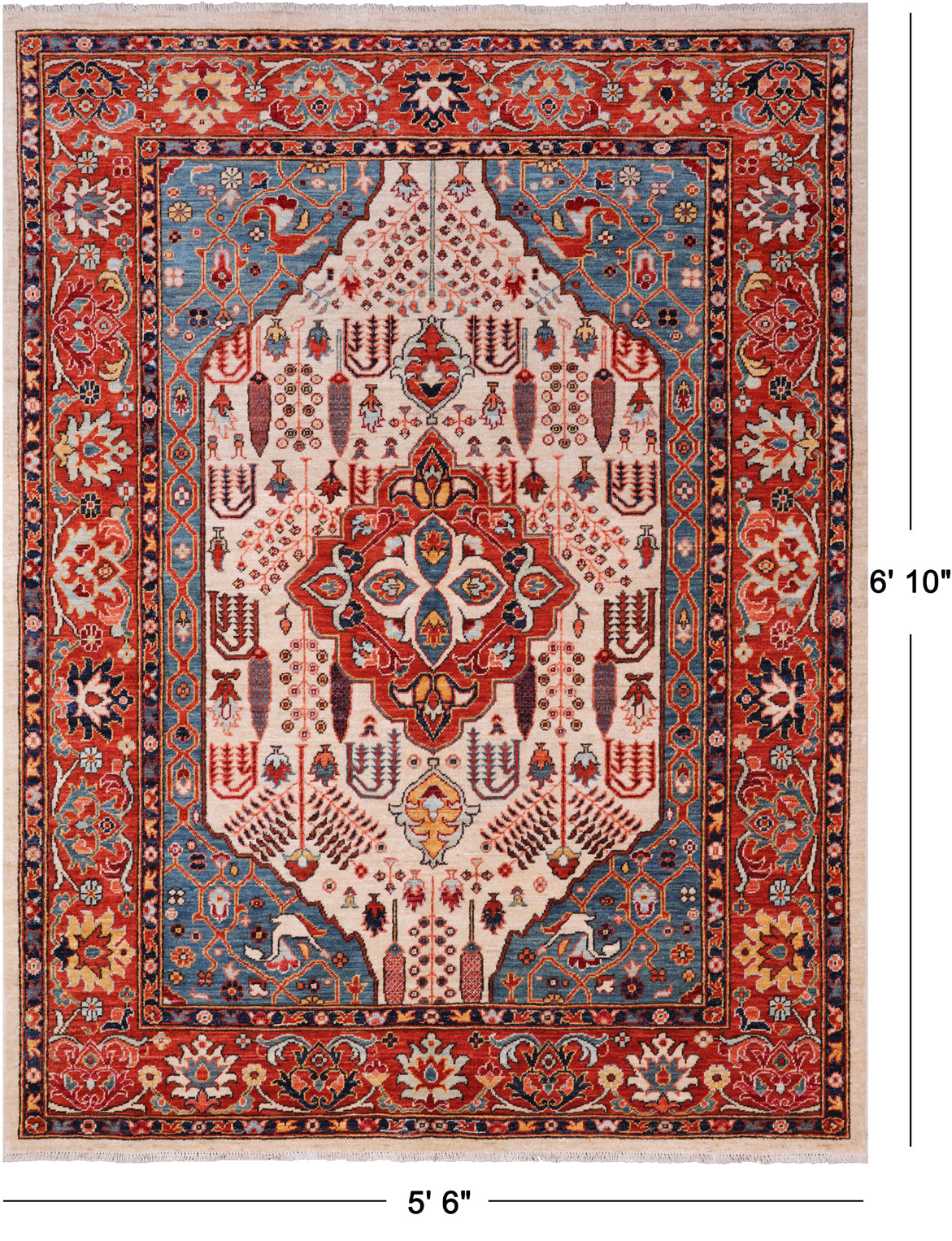 Ivory Persian Fine Serapi Hand-Knotted Wool Rug - 5' 6" X 6' 10"
