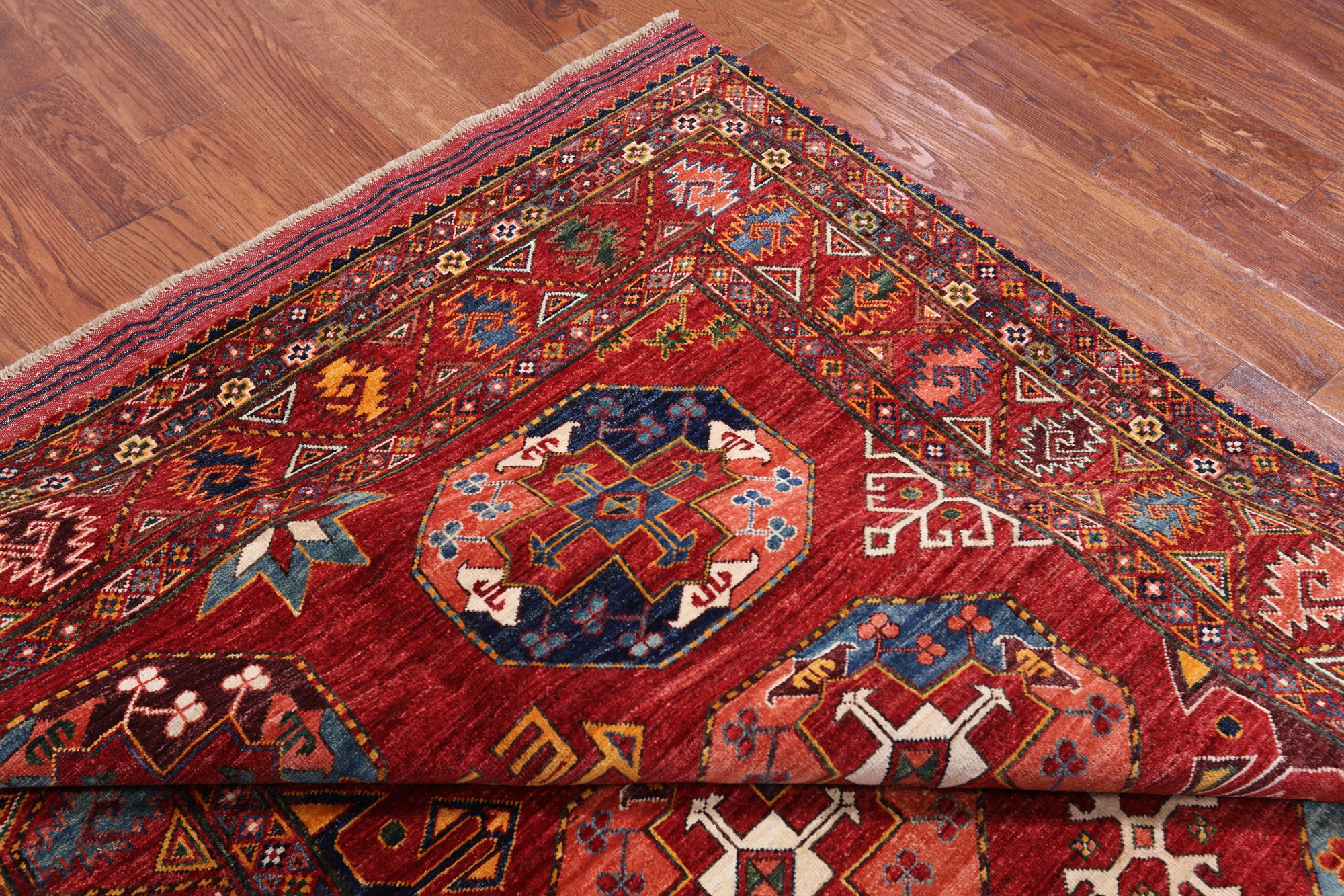 Red Turkmen Ersari Handmade Wool On Wool Rug - 5' 10" X 8' 7"