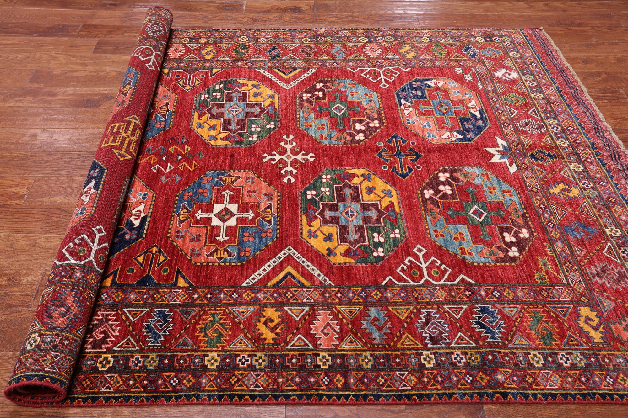 Red Turkmen Ersari Handmade Wool On Wool Rug - 5' 10" X 8' 7"