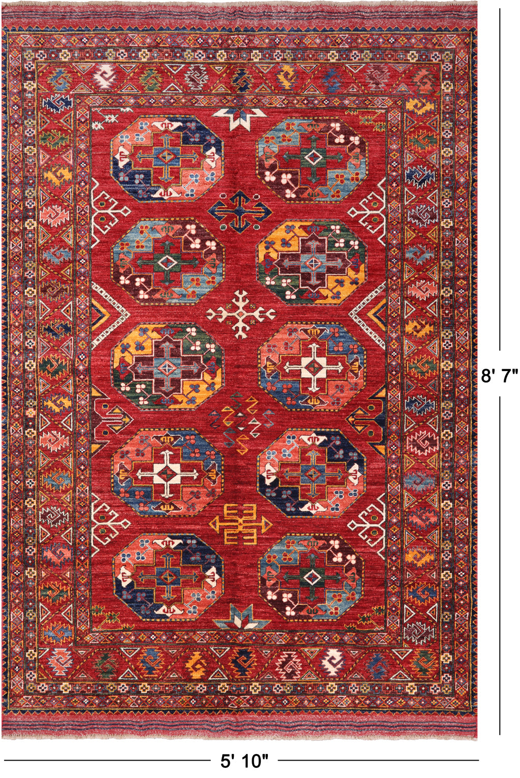 Red Turkmen Ersari Handmade Wool On Wool Rug - 5' 10" X 8' 7"