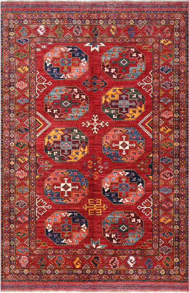 Red Turkmen Ersari Handmade Wool On Wool Rug - 5' 10" X 8' 7"