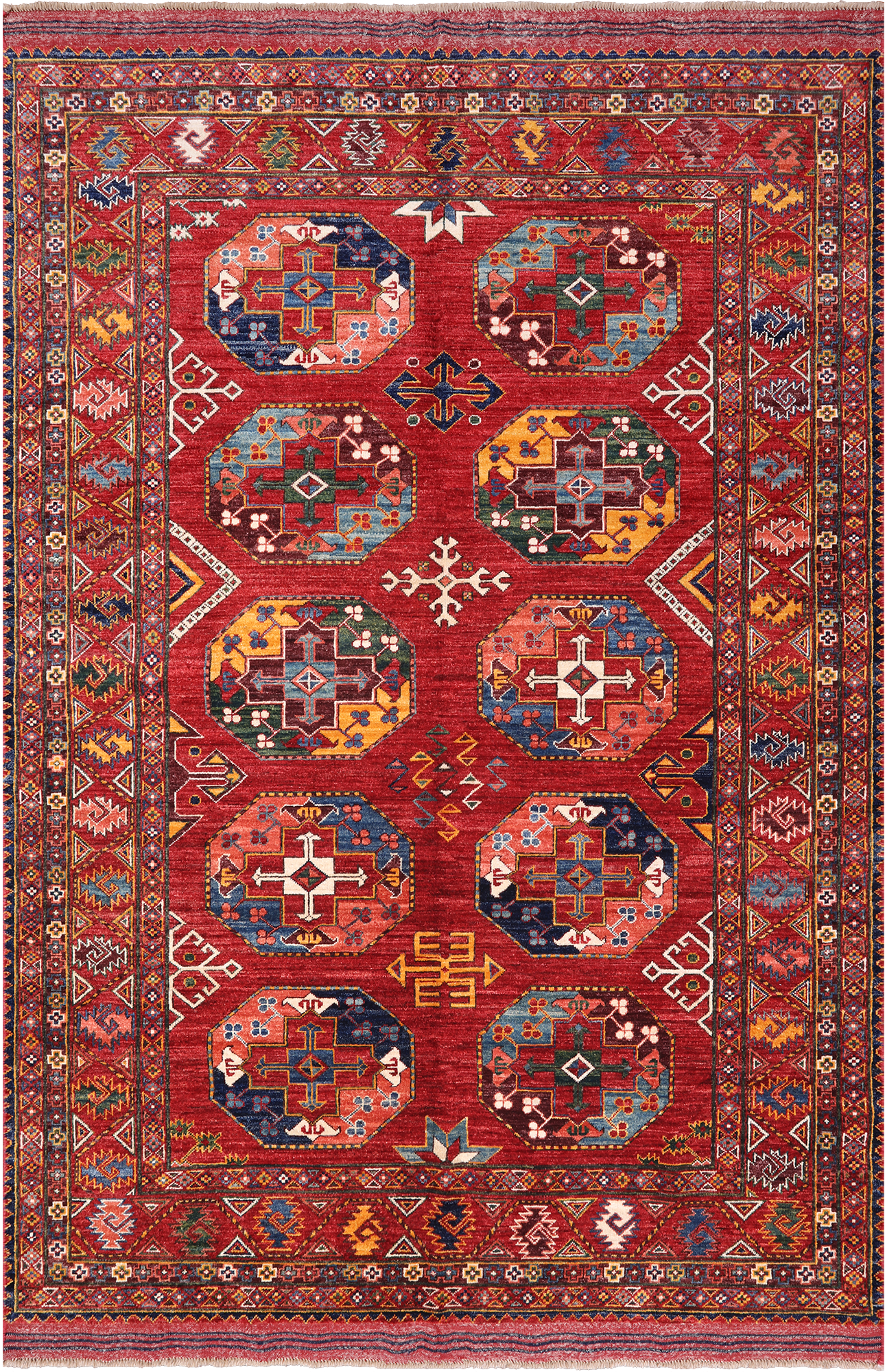 Red Turkmen Ersari Handmade Wool On Wool Rug - 5' 10" X 8' 7"
