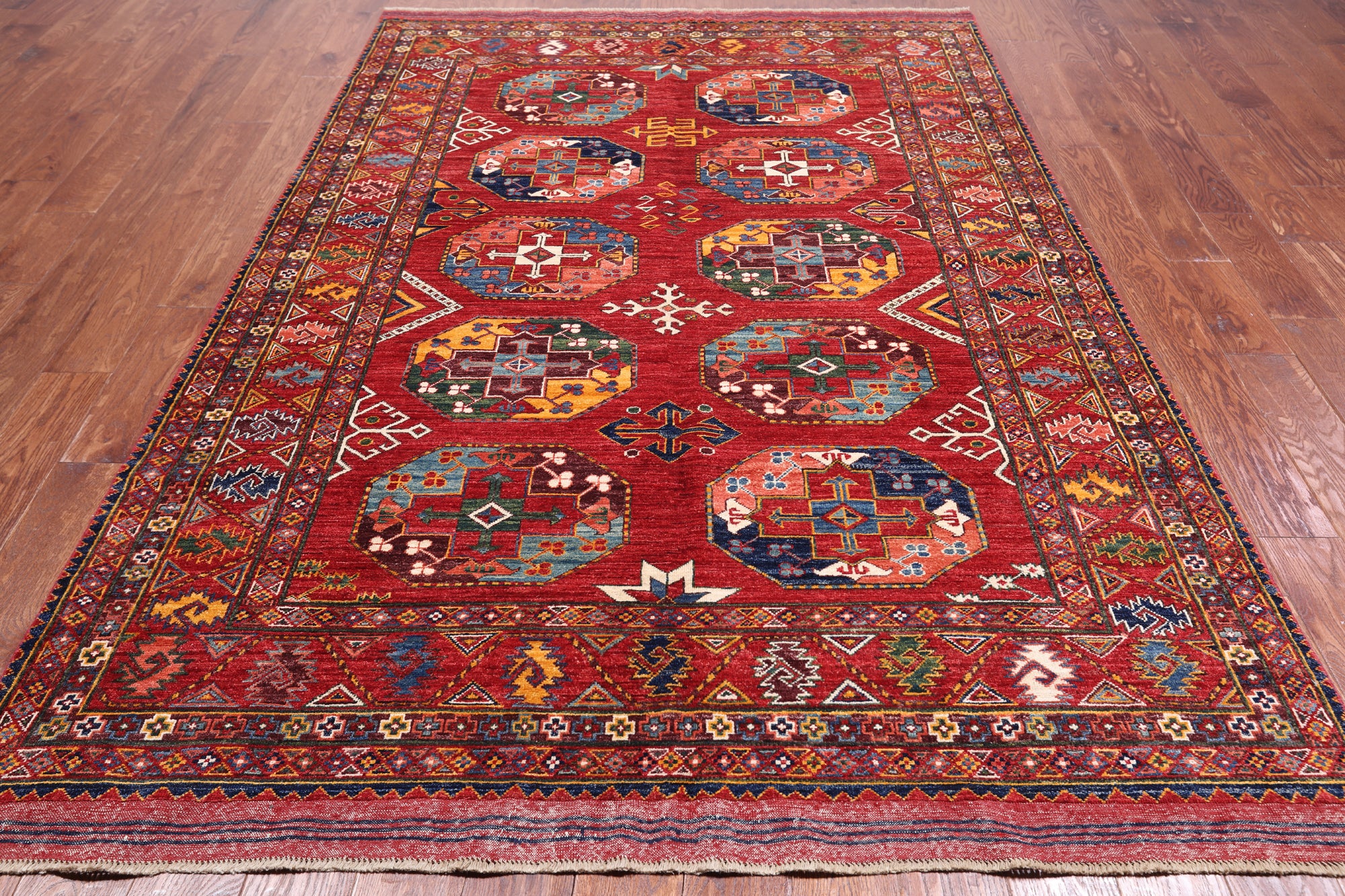 Red Turkmen Ersari Handmade Wool On Wool Rug - 5' 10" X 8' 7"