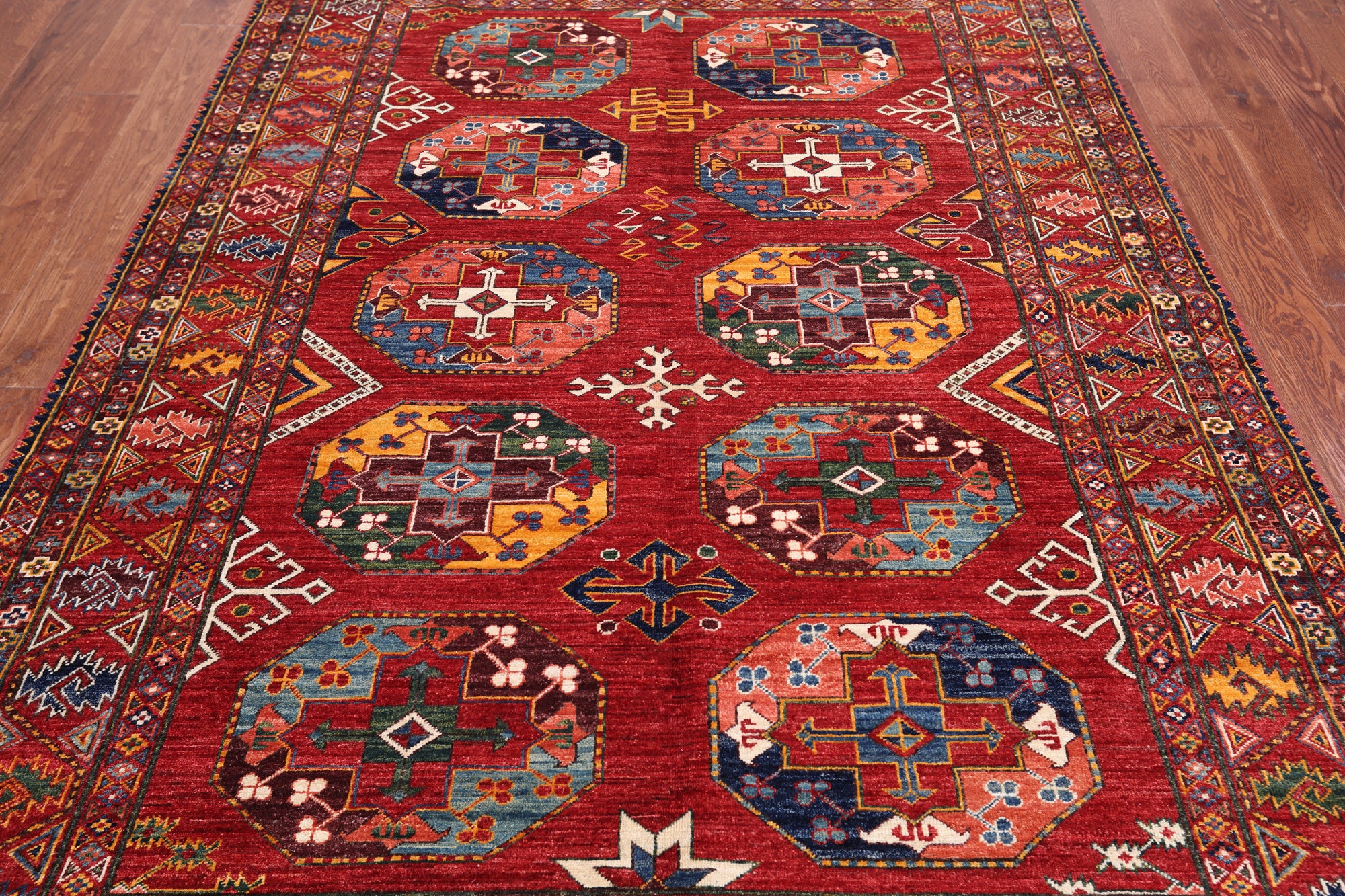 Red Turkmen Ersari Handmade Wool On Wool Rug - 5' 10" X 8' 7"