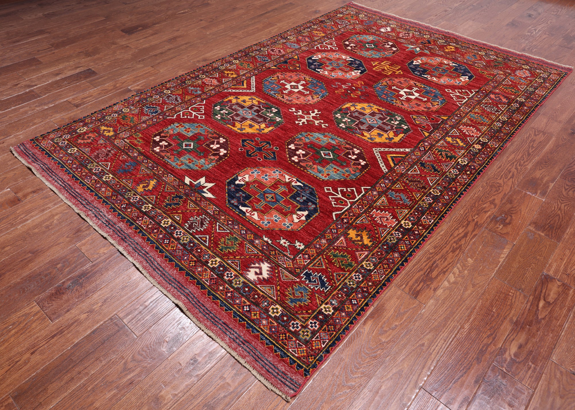 Red Turkmen Ersari Handmade Wool On Wool Rug - 5' 10" X 8' 7"