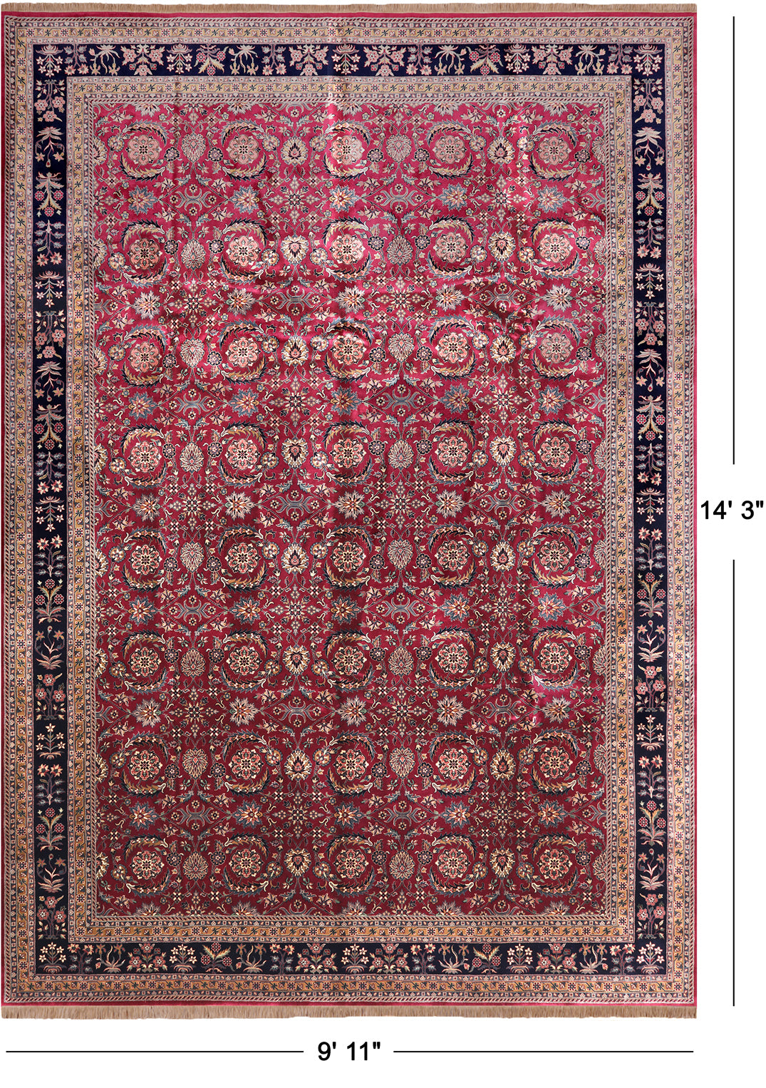 Wine/Navy Persian Fine Tabriz Hand-Knotted Wool Rug - 9' 11" X 14' 3"