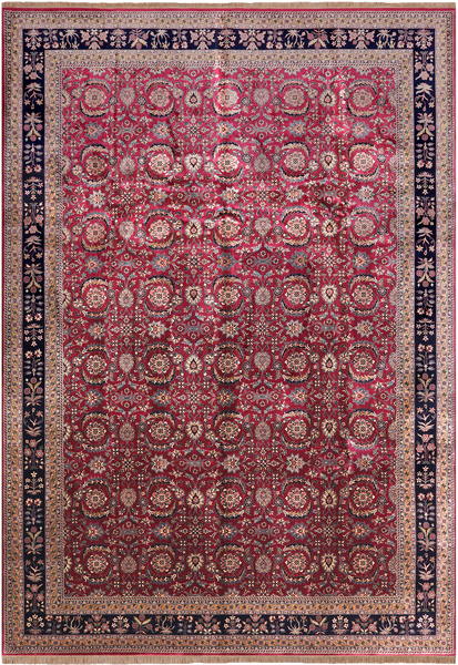 Wine/Navy Persian Fine Tabriz Hand-Knotted Wool Rug - 9' 11" X 14' 3"