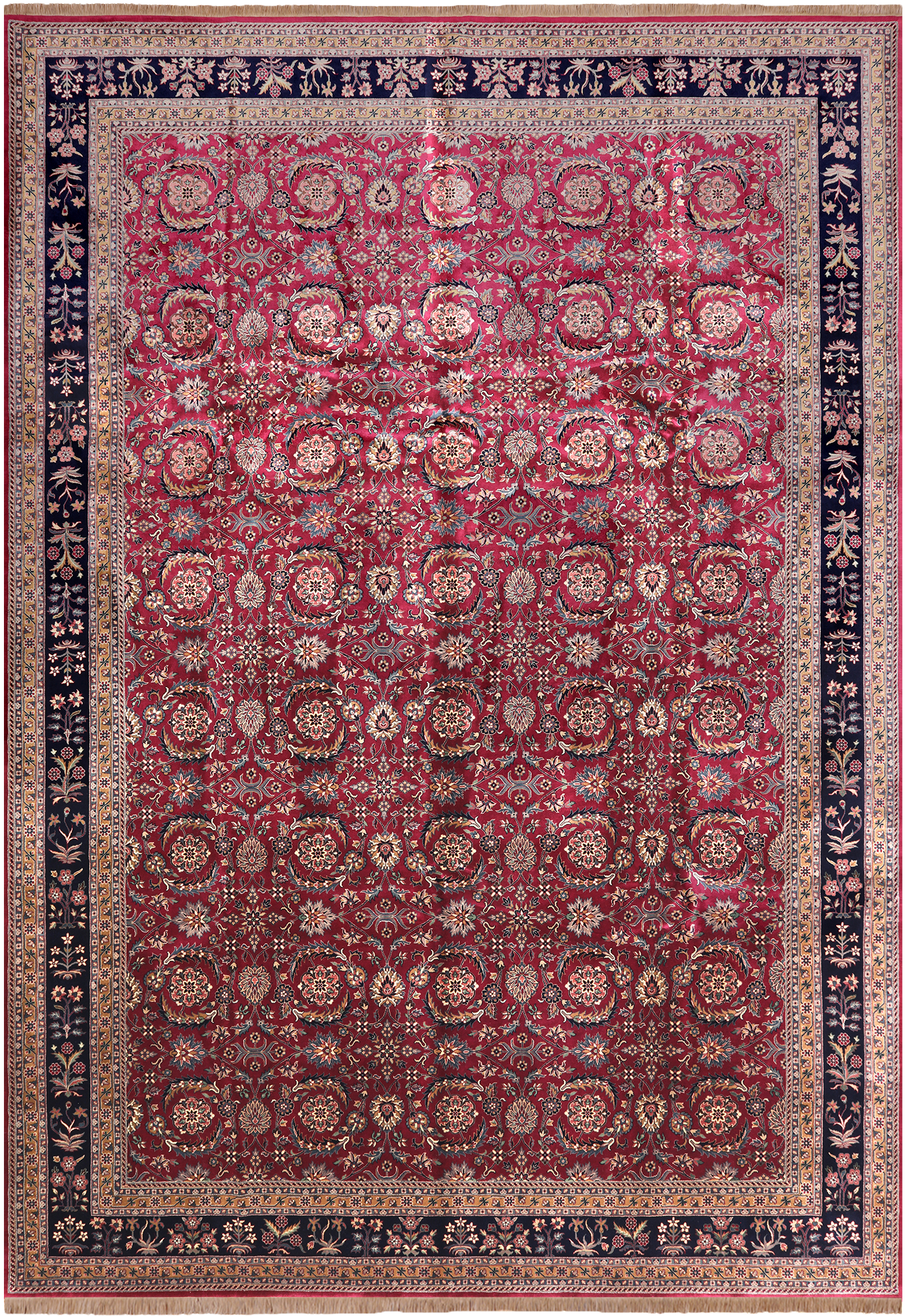Wine/Navy Persian Fine Tabriz Hand-Knotted Wool Rug - 9' 11" X 14' 3"
