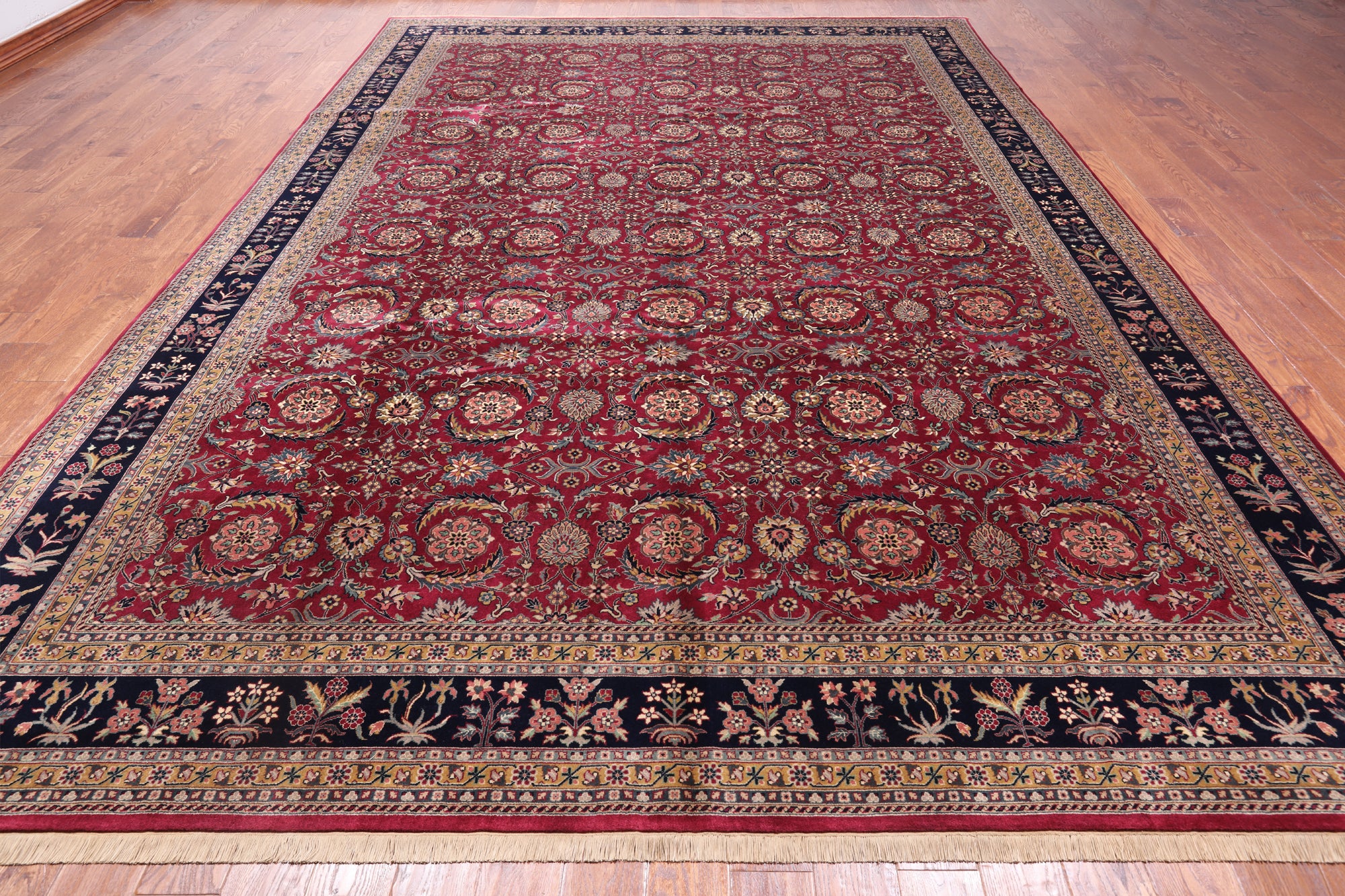 Wine/Navy Persian Fine Tabriz Hand-Knotted Wool Rug - 9' 11" X 14' 3"