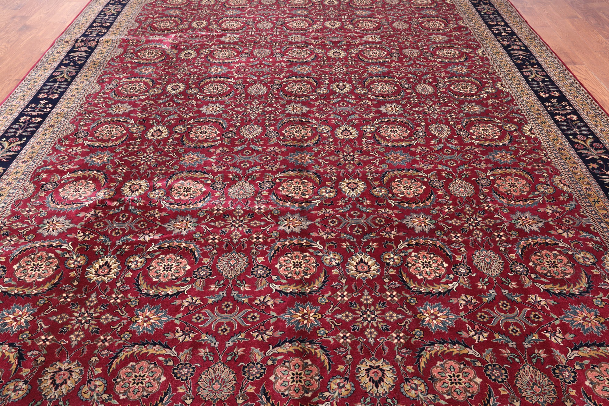 Wine/Navy Persian Fine Tabriz Hand-Knotted Wool Rug - 9' 11" X 14' 3"