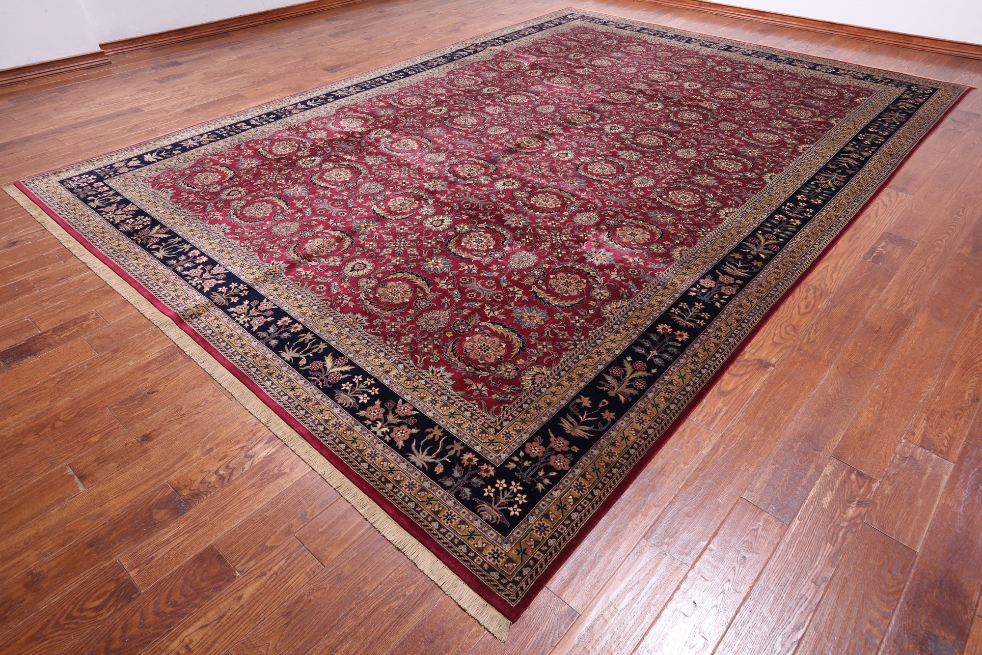 Wine/Navy Persian Fine Tabriz Hand-Knotted Wool Rug - 9' 11" X 14' 3"