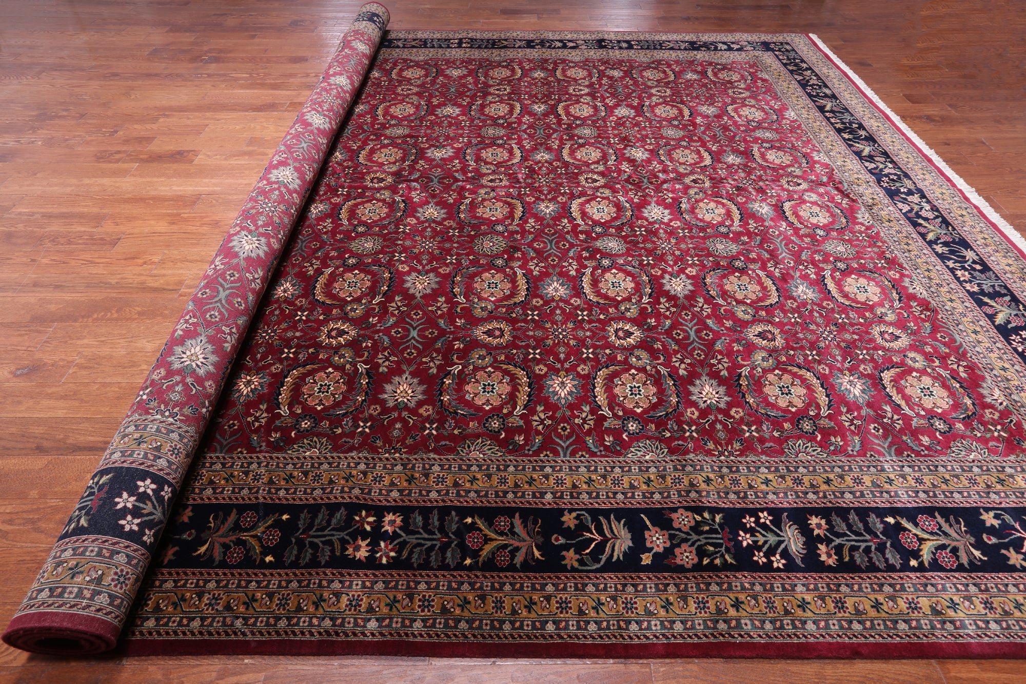 Wine/Navy Persian Fine Tabriz Hand-Knotted Wool Rug - 12' 3" X 14' 10"