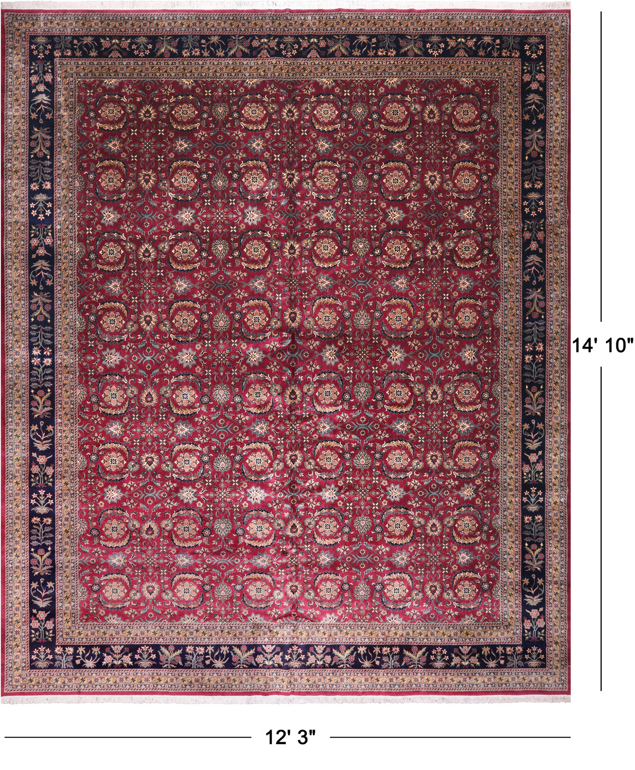 Wine/Navy Persian Fine Tabriz Hand-Knotted Wool Rug - 12' 3" X 14' 10"