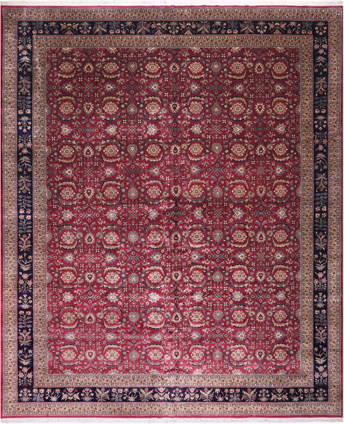 Wine/Navy Persian Fine Tabriz Hand-Knotted Wool Rug - 12' 3" X 14' 10"