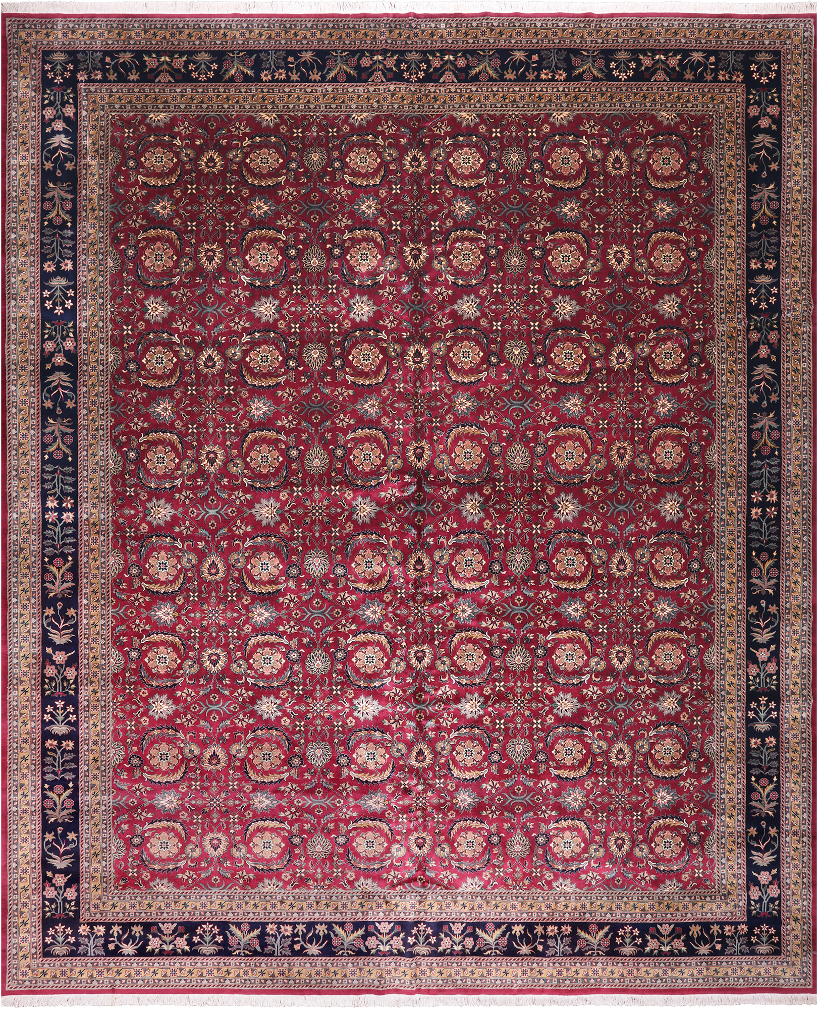 Wine/Navy Persian Fine Tabriz Hand-Knotted Wool Rug - 12' 3" X 14' 10"
