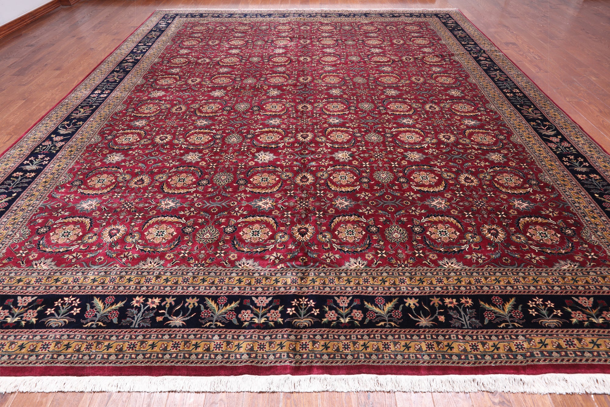Wine/Navy Persian Fine Tabriz Hand-Knotted Wool Rug - 12' 3" X 14' 10"