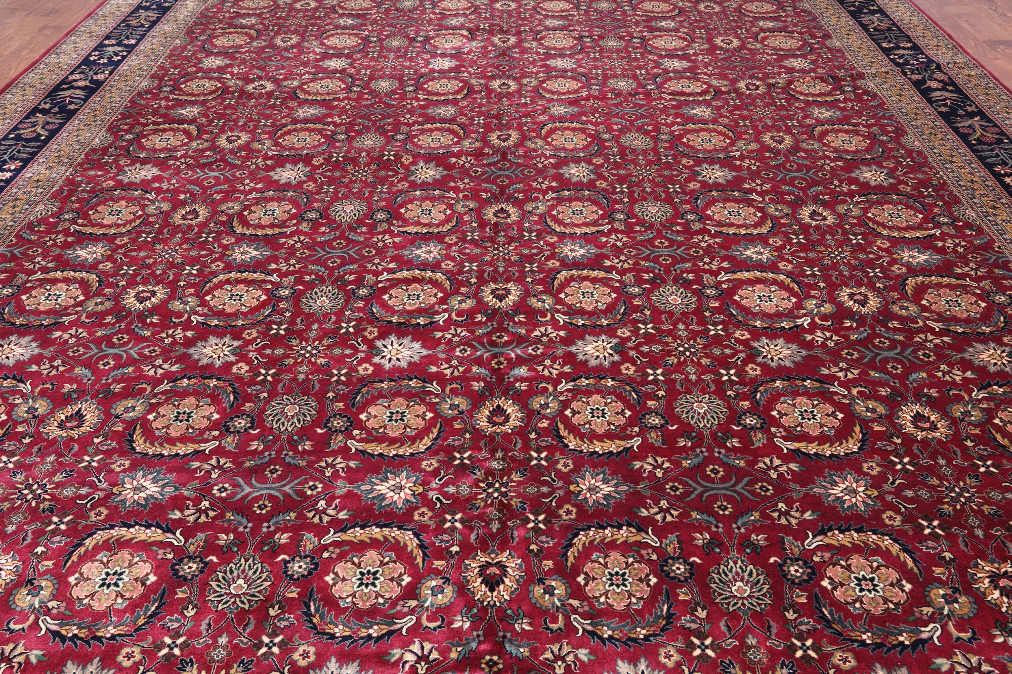 Wine/Navy Persian Fine Tabriz Hand-Knotted Wool Rug - 12' 3" X 14' 10"