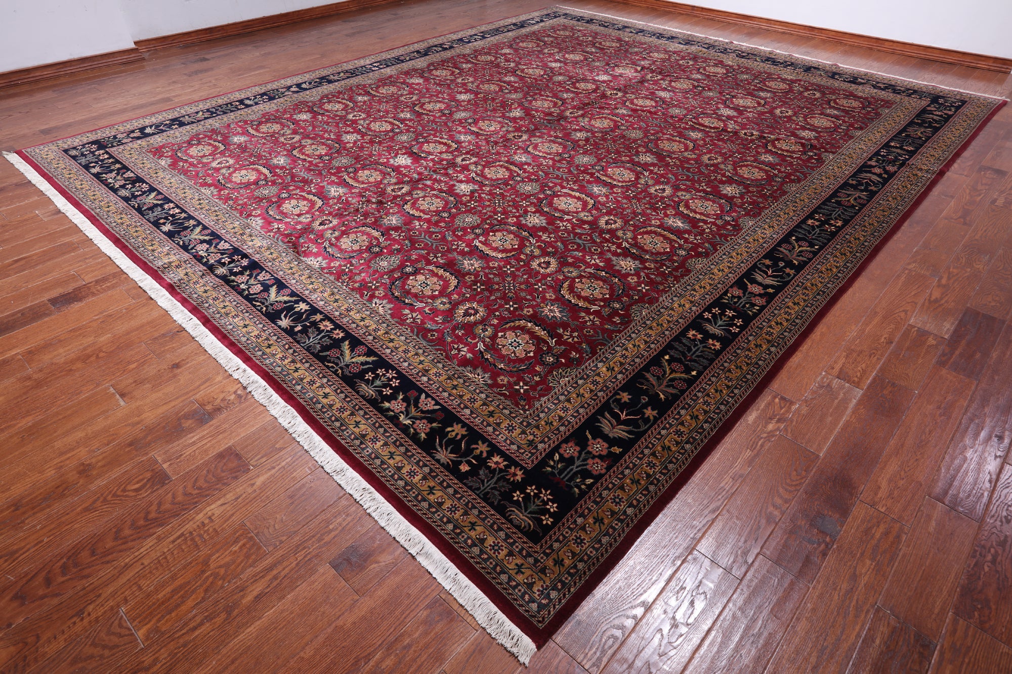 Wine/Navy Persian Fine Tabriz Hand-Knotted Wool Rug - 12' 3" X 14' 10"